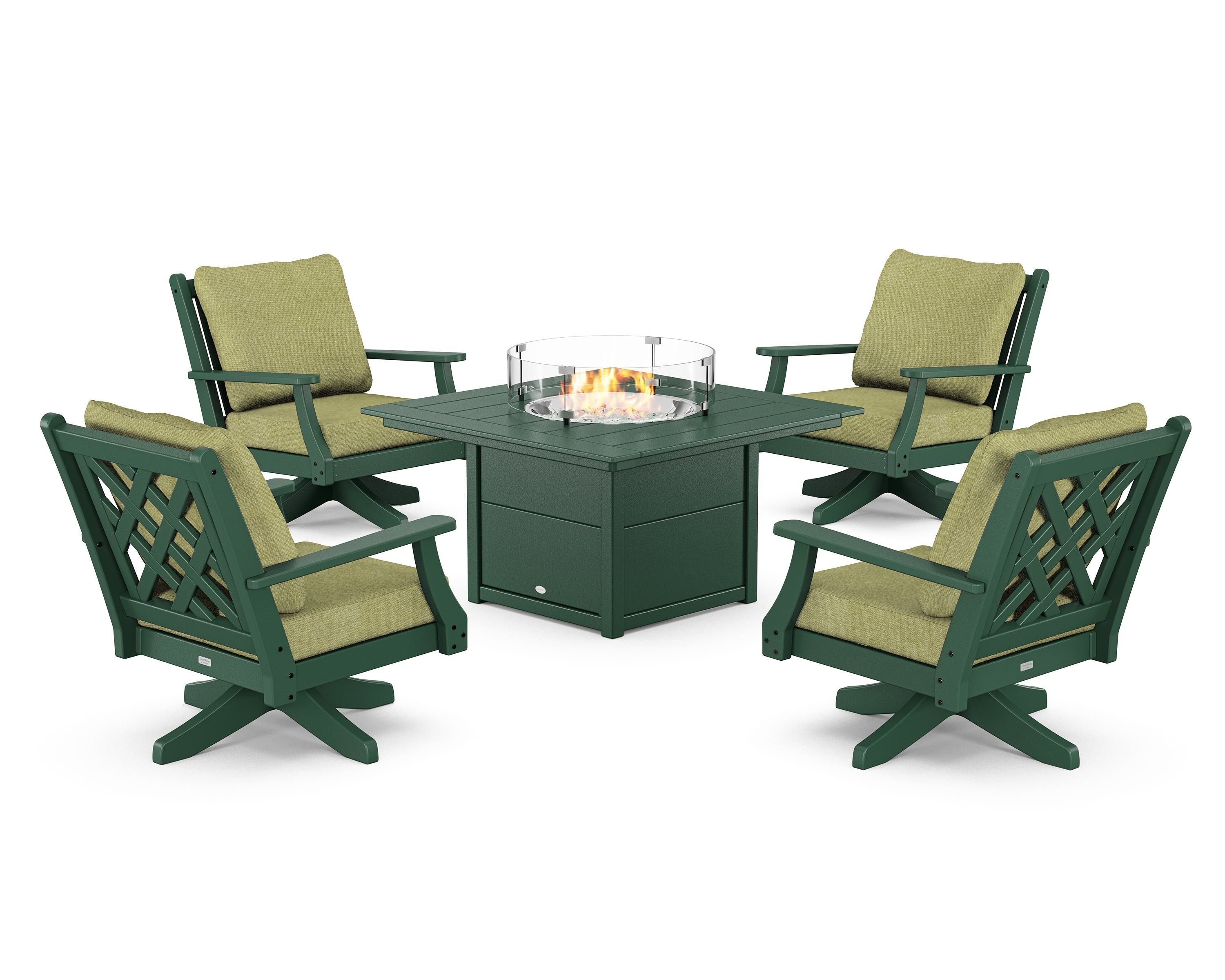 Country Living Wovendale 5-Piece Deep Seating Swivel Conversation Set with Fire Pit Table in Green / Chartreuse Boucle