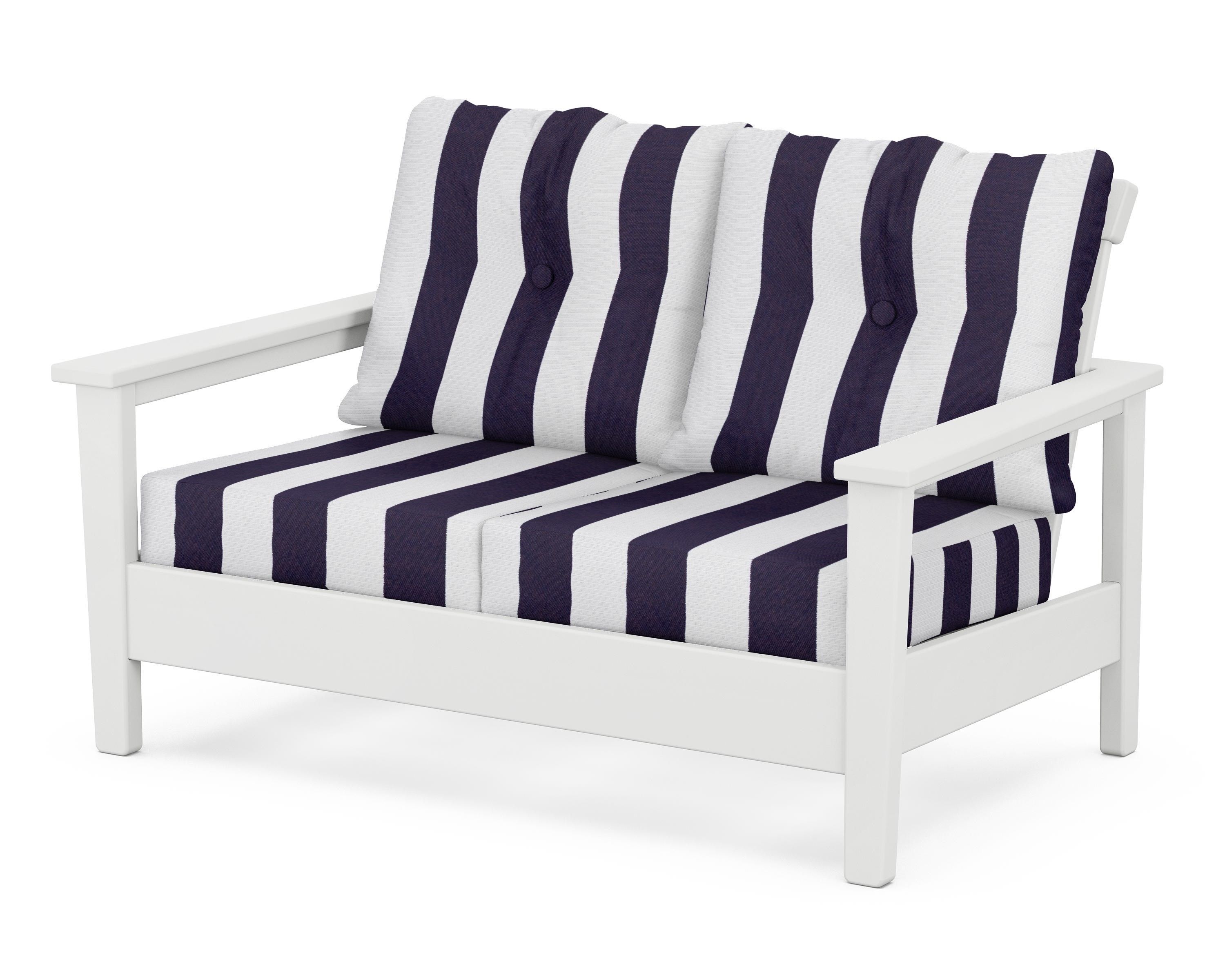 POLYWOOD® Prescott Deep Seating Loveseat in White / Cabana Stripe Navy