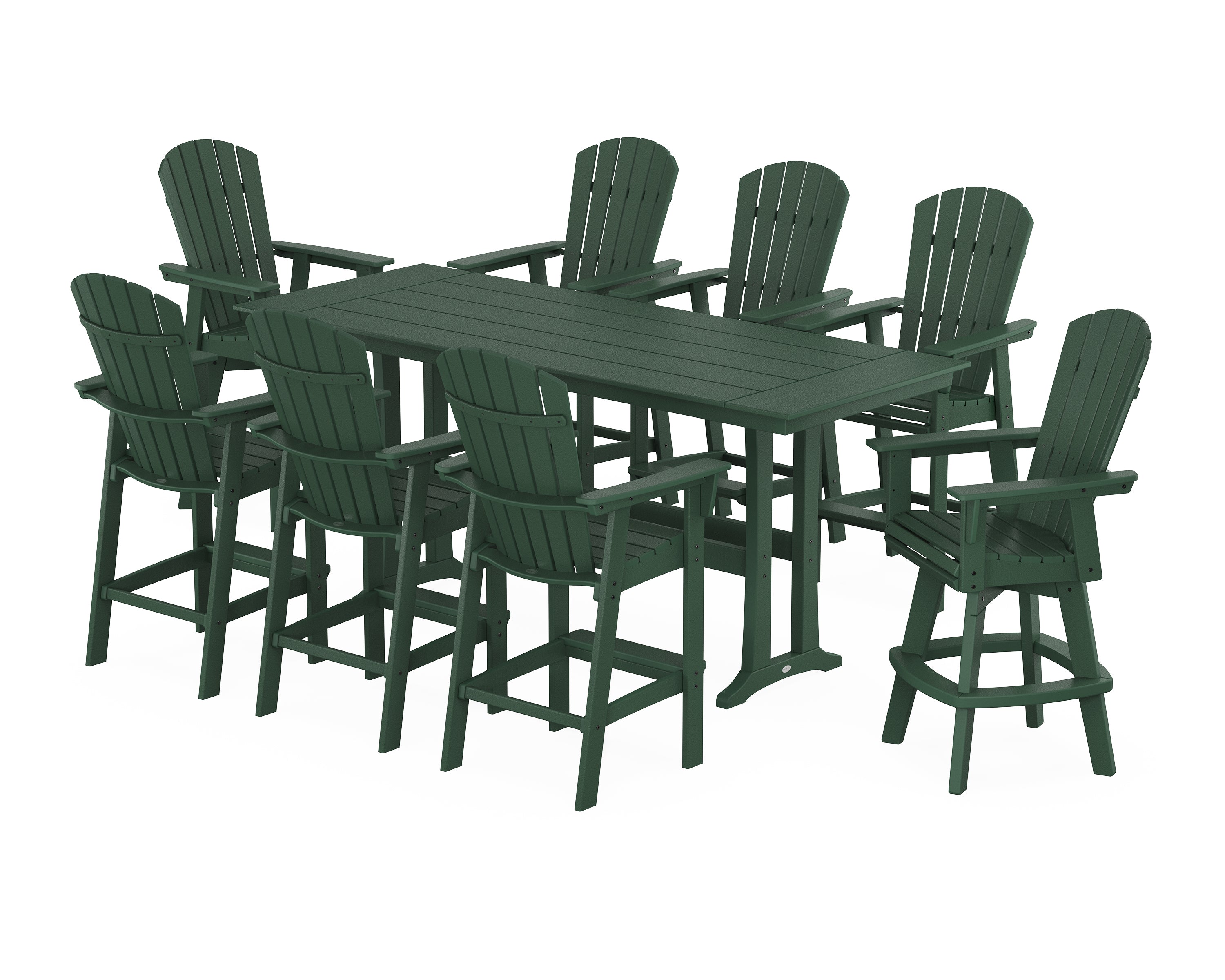 POLYWOOD® Nautical Curveback Adirondack Swivel Chair 9-Piece Farmhouse Bar Set with Trestle Legs in Green