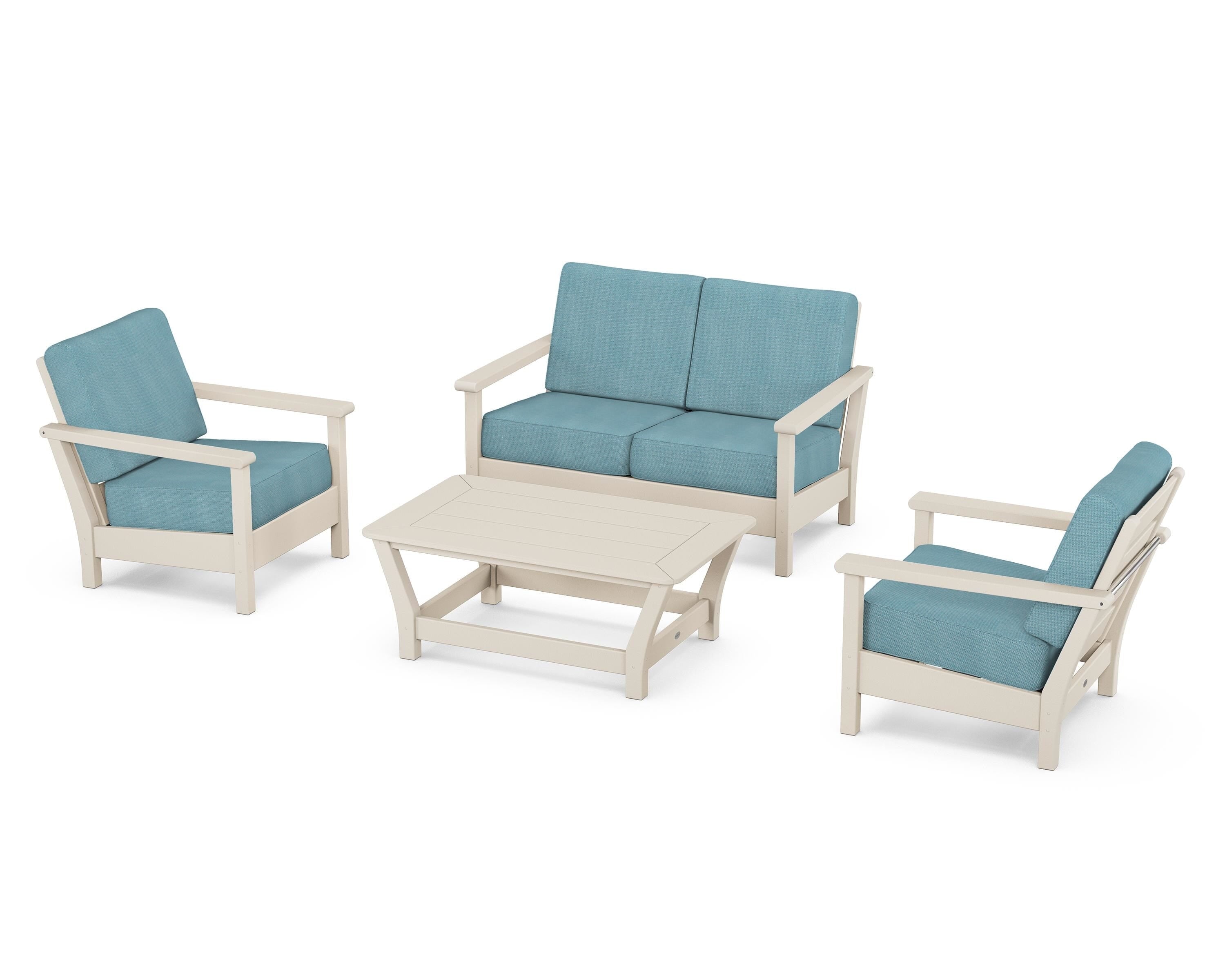 POLYWOOD® Harbour 4-Piece Deep Seating Set in Sand / Lattice Sky Blue