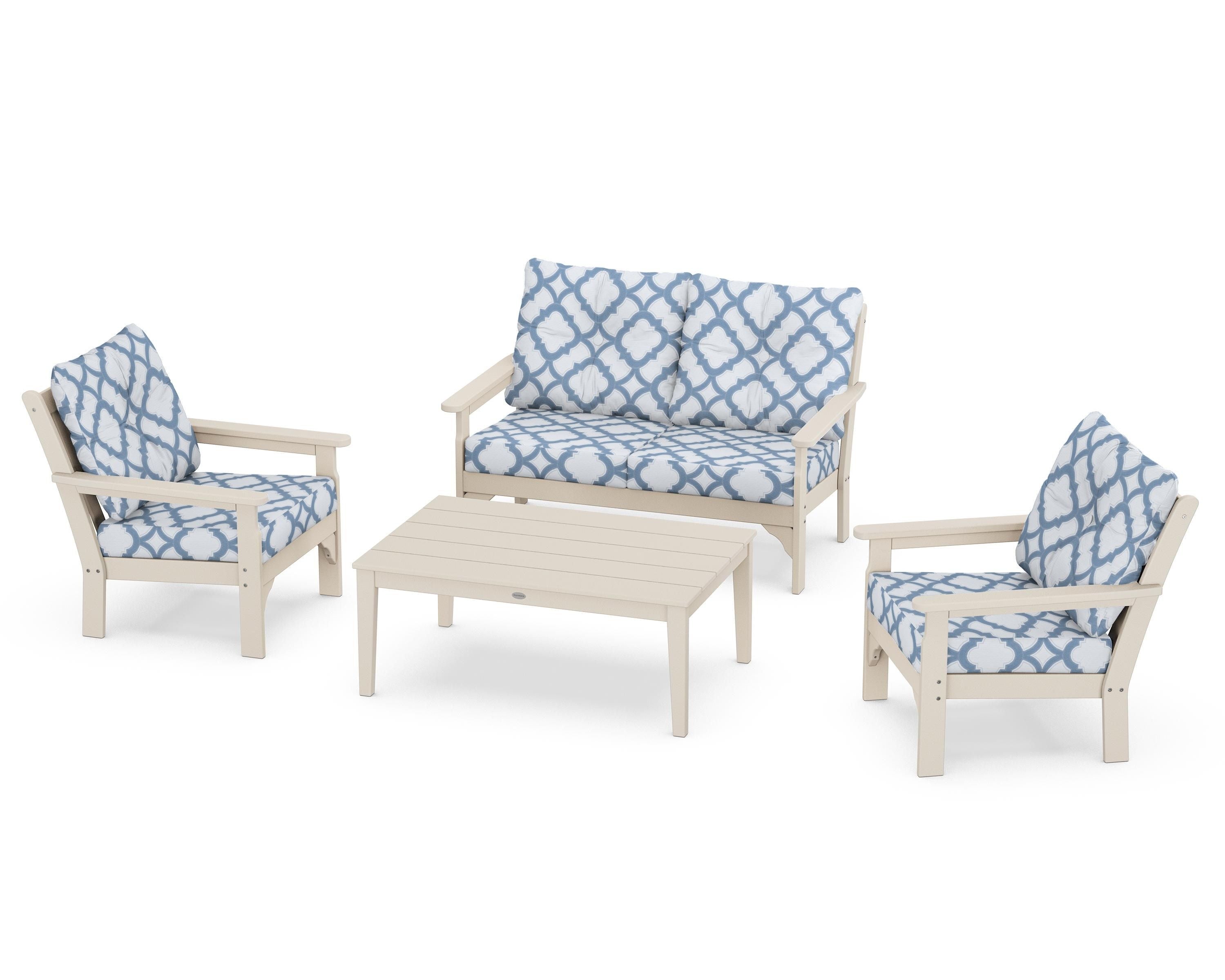POLYWOOD® Vineyard 4-Piece Deep Seating Set in Sand / Trellis Sky Blue