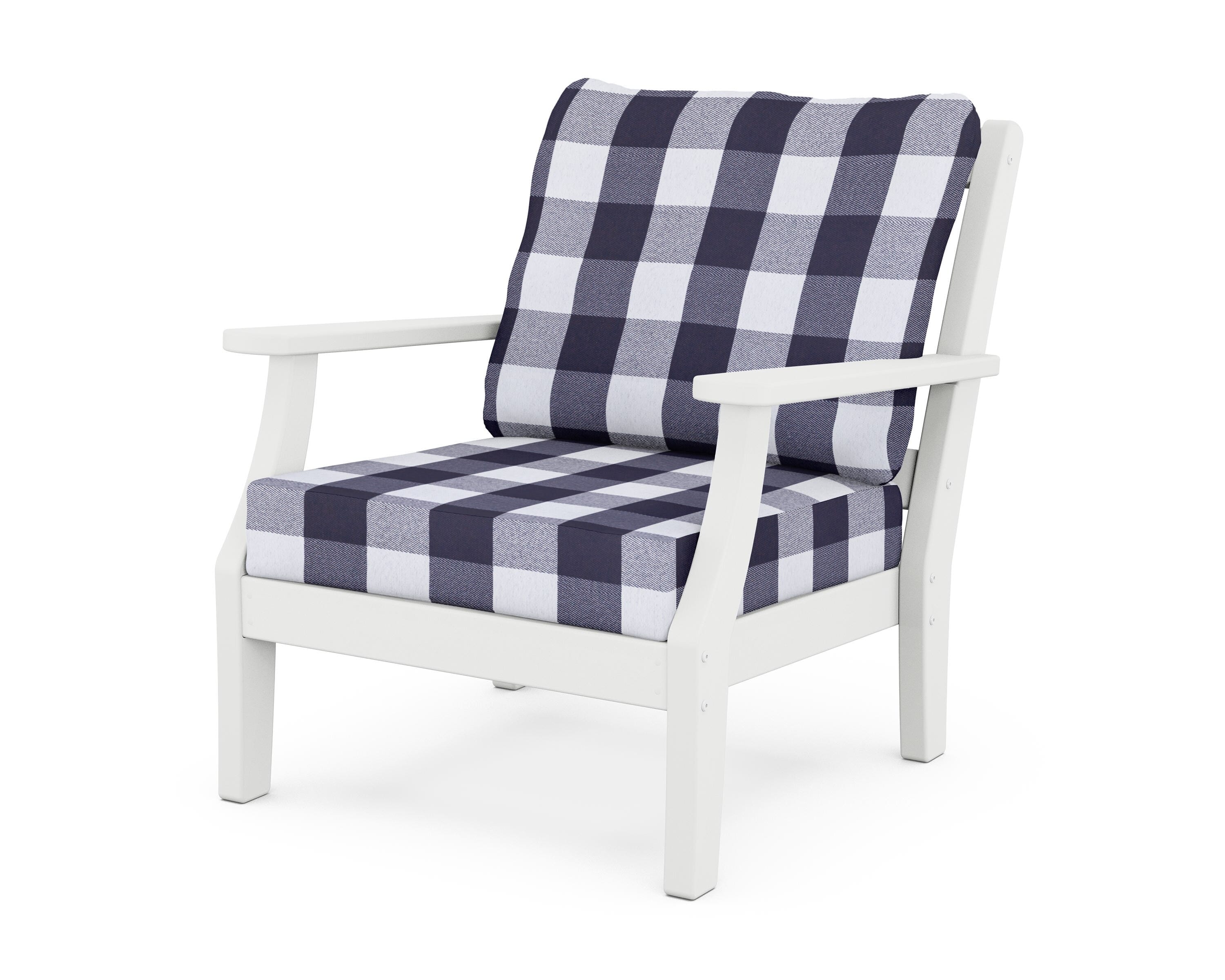 Martha Stewart by POLYWOOD® Chinoiserie Deep Seating Chair in White / Buffalo Plaid Navy