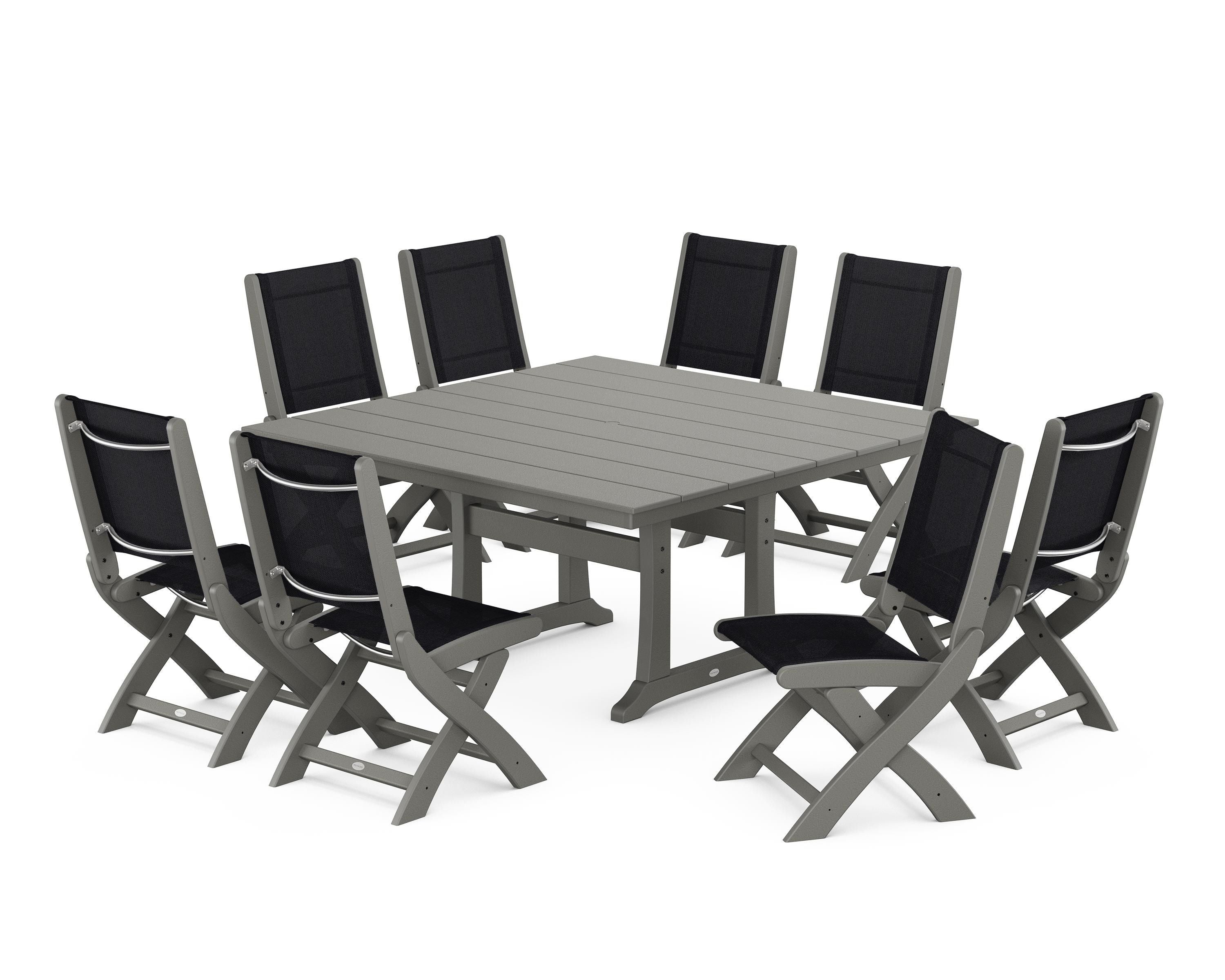 POLYWOOD® Coastal Folding Side Chair 9-Piece Farmhouse Dining Set in Slate Grey / Black Sling