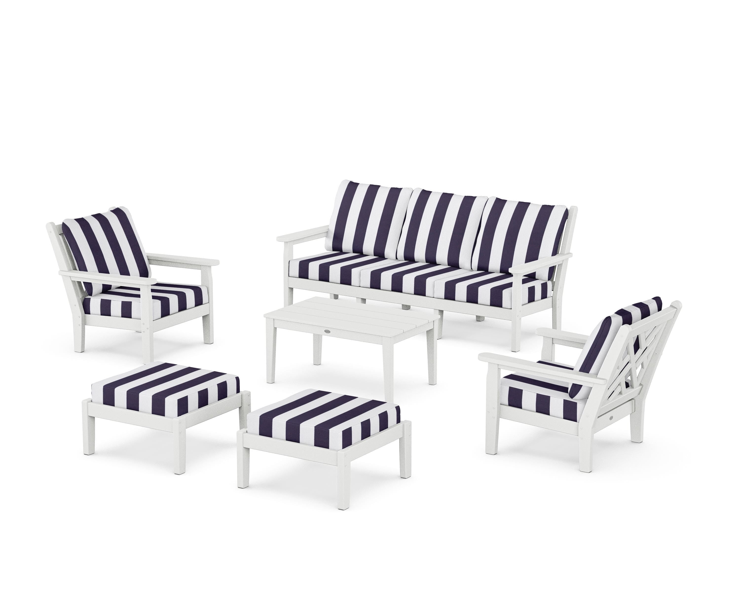 POLYWOOD® Chippendale 6-Piece Lounge Sofa Set in White / Cabana Stripe Navy
