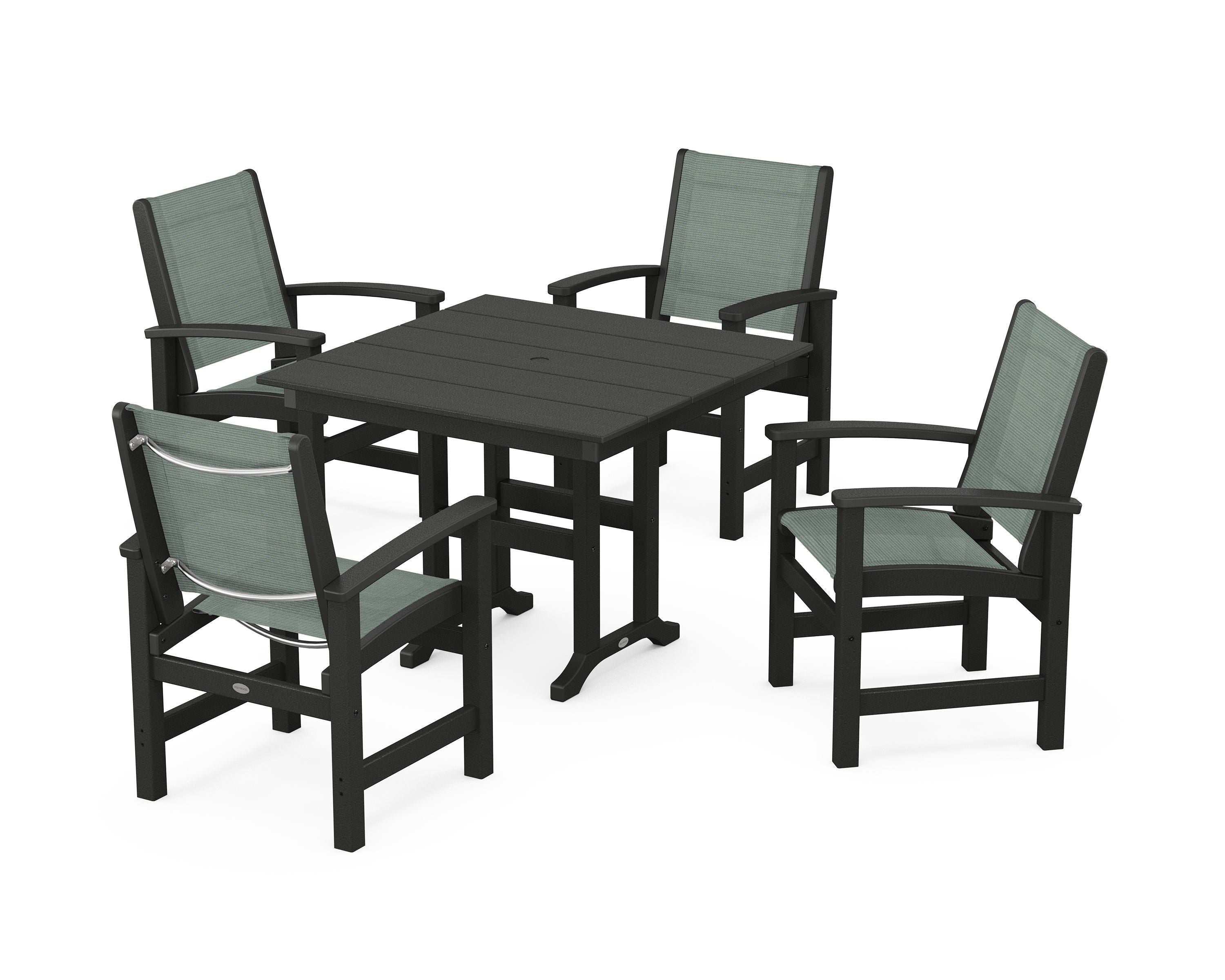 POLYWOOD® Coastal 5-Piece Farmhouse Dining Set in Black / Dupioni Sea Mist Sling
