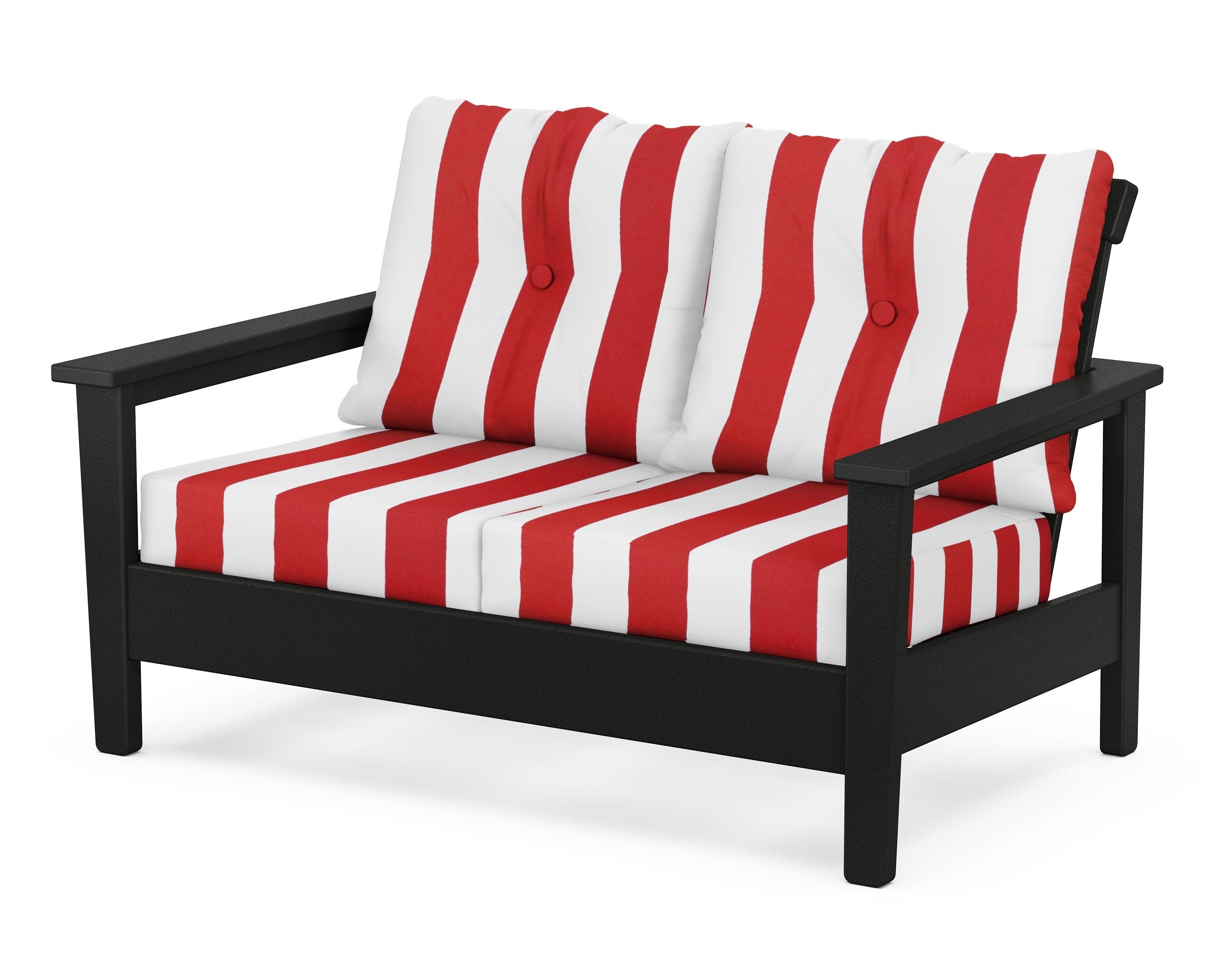POLYWOOD® Prescott Deep Seating Loveseat in Black / Cabana Stripe Crimson