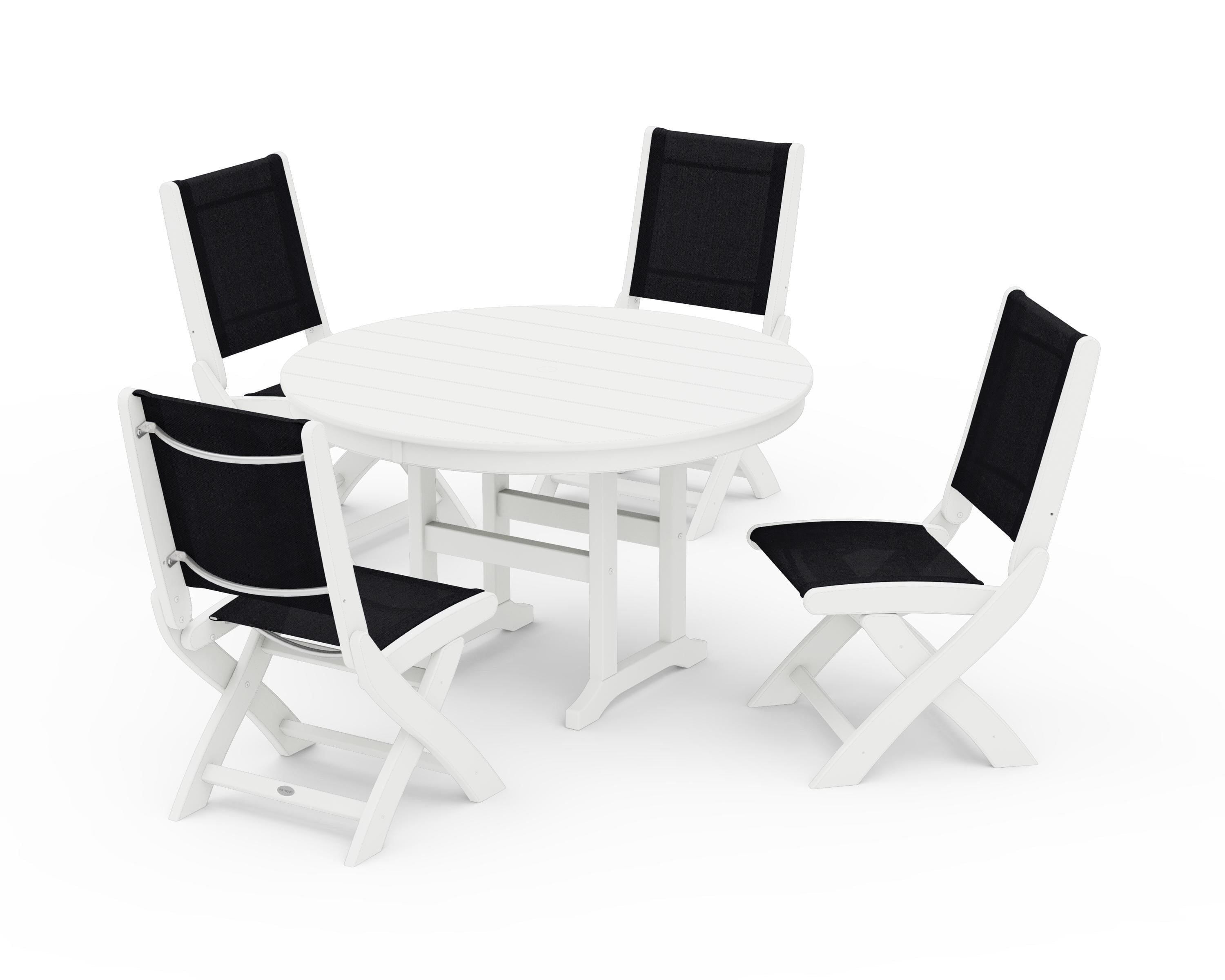 POLYWOOD® Coastal Folding Side Chair 5-Piece Round Dining Set in White / Black Sling