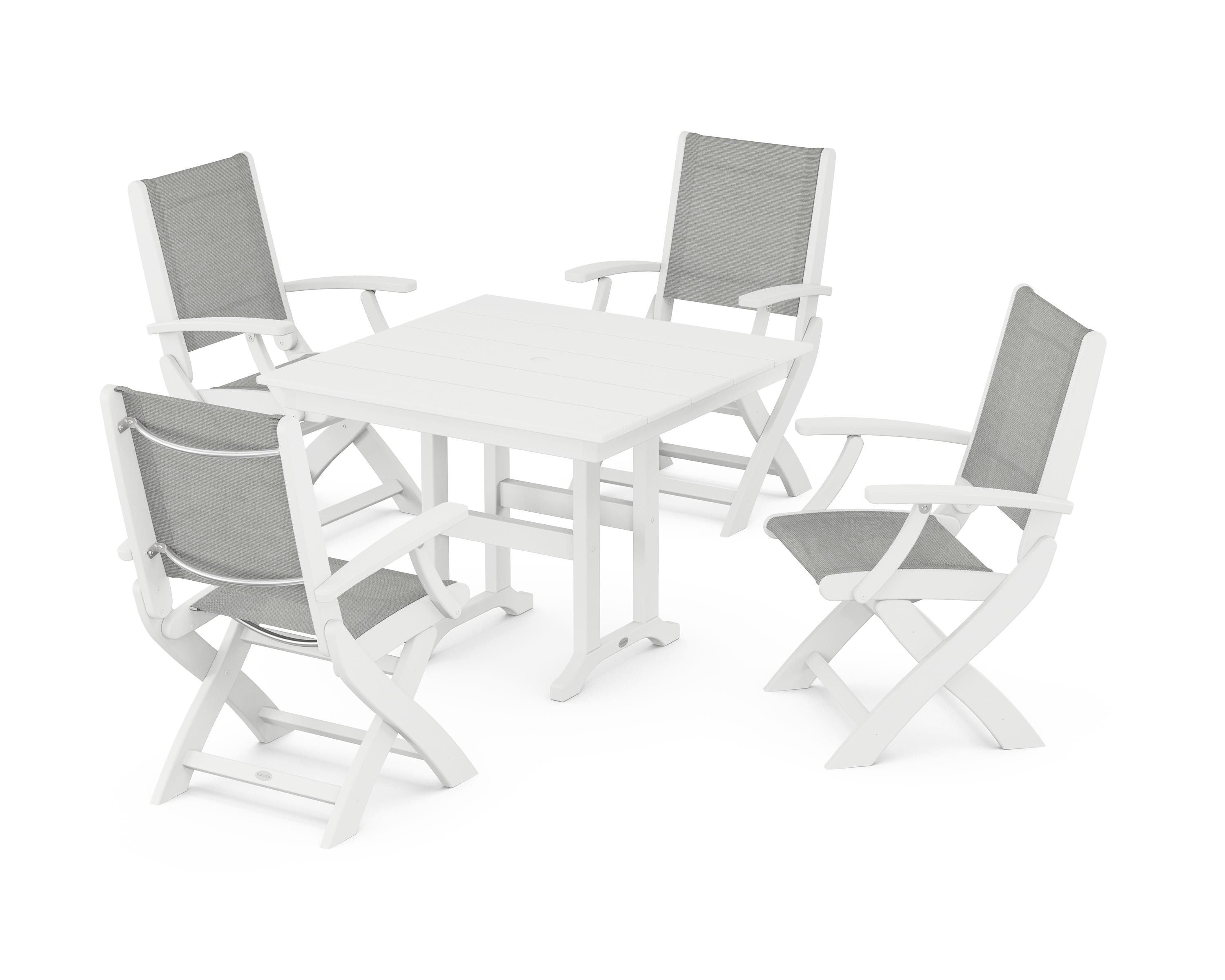POLYWOOD® Coastal Folding Chair 5-Piece Farmhouse Dining Set in White / Metallic Sling