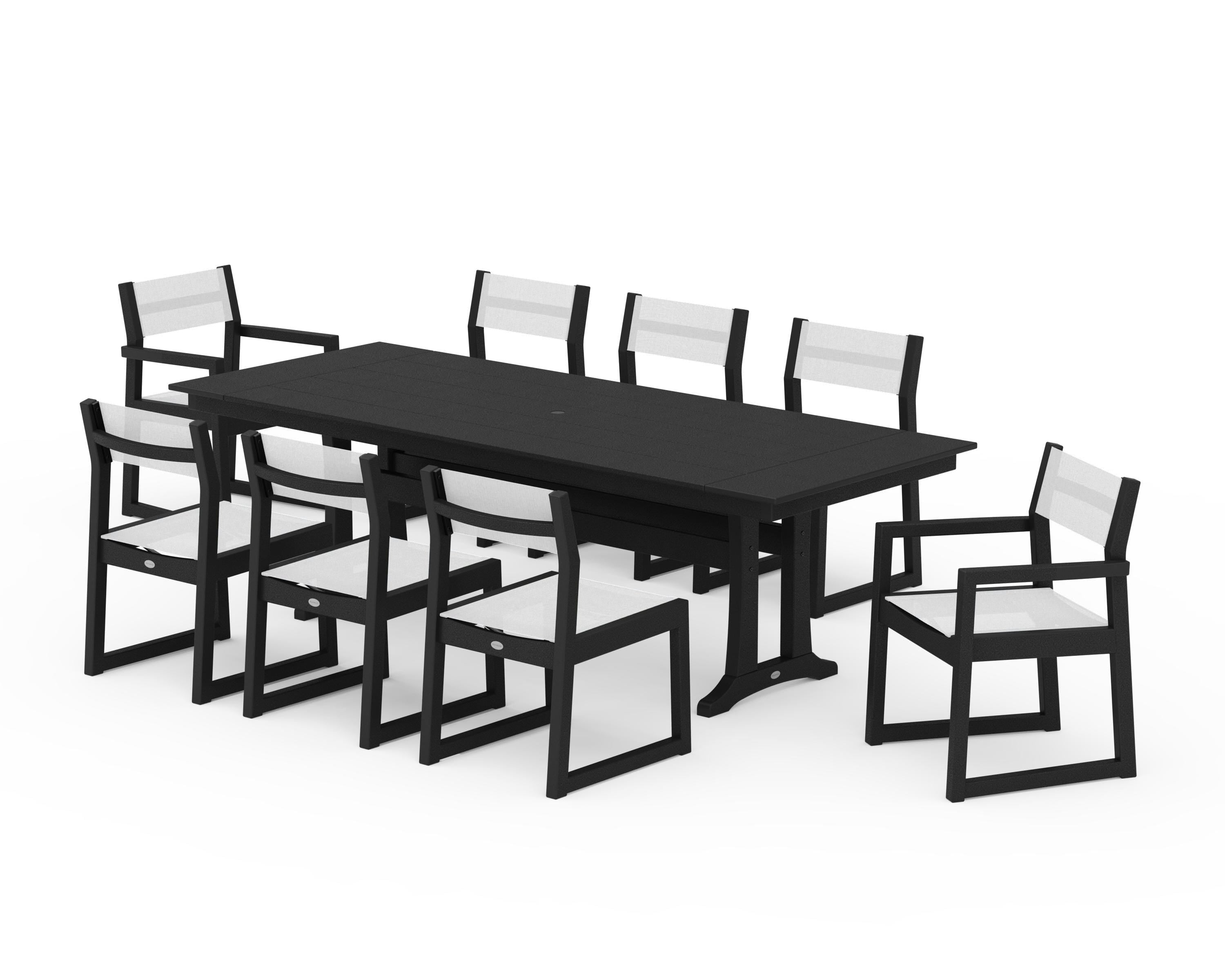 POLYWOOD® EDGE Sling 9-Piece Farmhouse Trestle Dining Set in Black / White Sling
