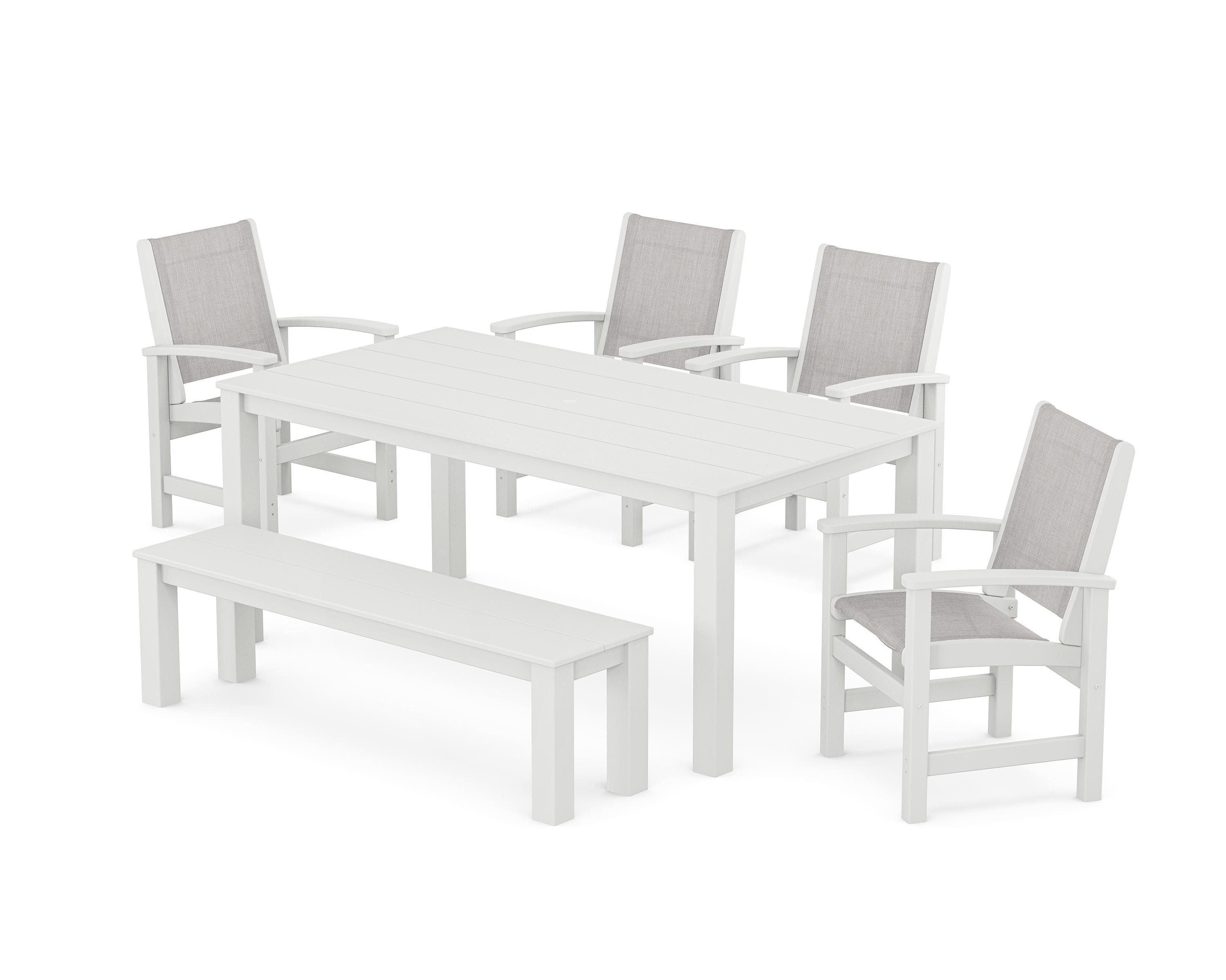 POLYWOOD® Coastal 6-Piece Parsons Dining Set with Bench in White / Parchment Sling