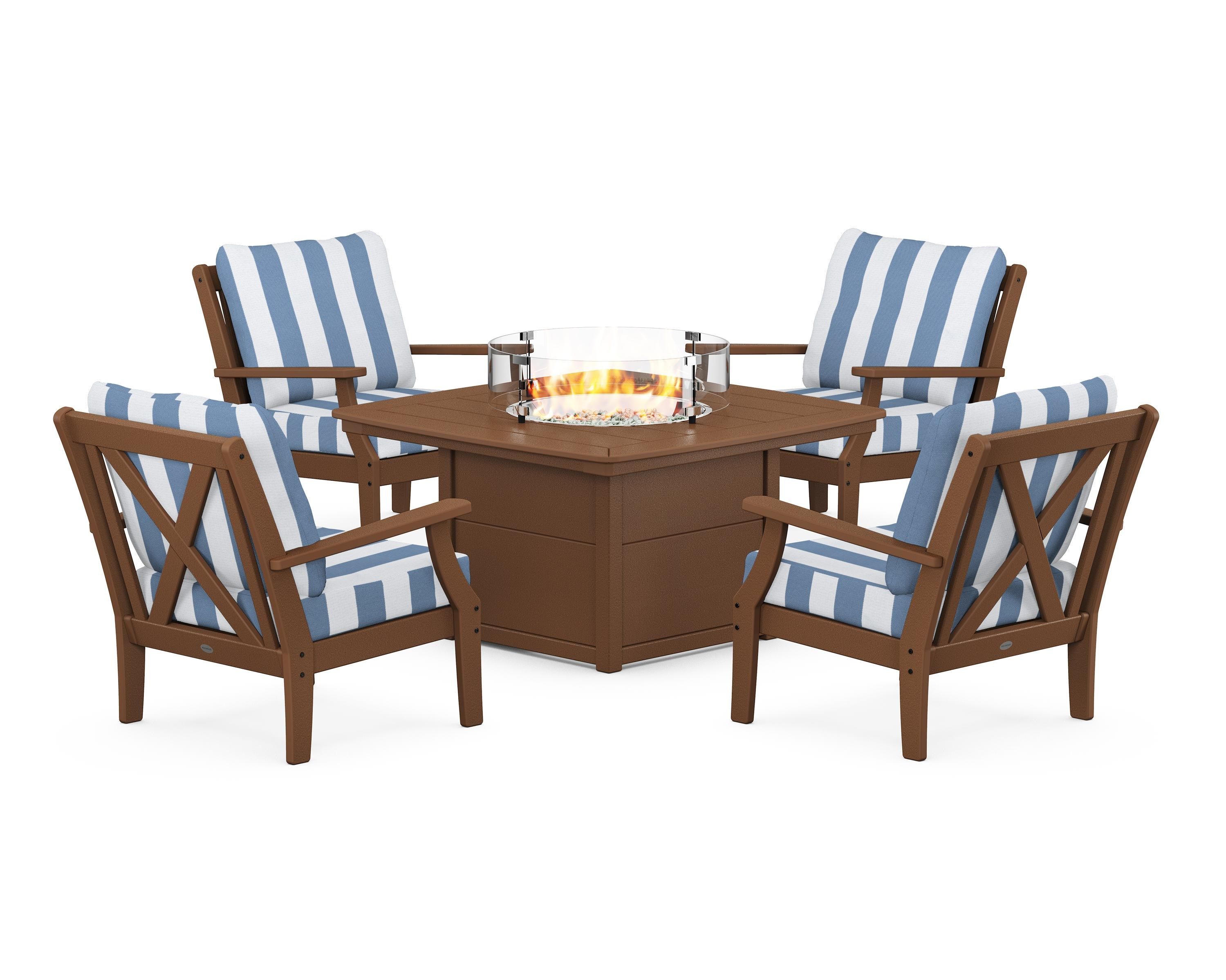 POLYWOOD® Braxton 5-Piece Deep Seating Conversation Set with Fire Pit Table in Teak / Cabana Stripe Sky Blue