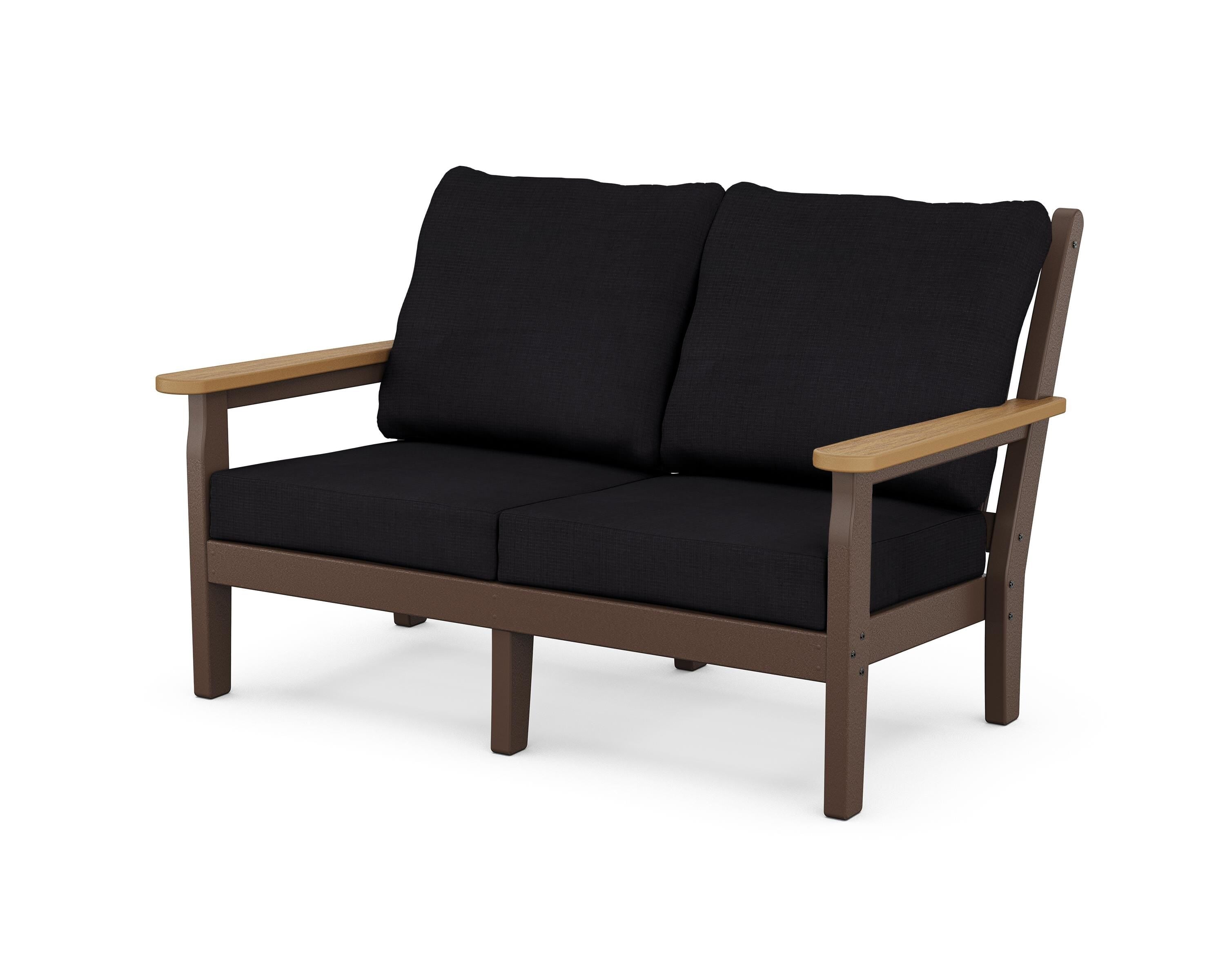 POLYWOOD® Chippendale Deep Seating Loveseat in Mahogany / Natural / Midnight Linen