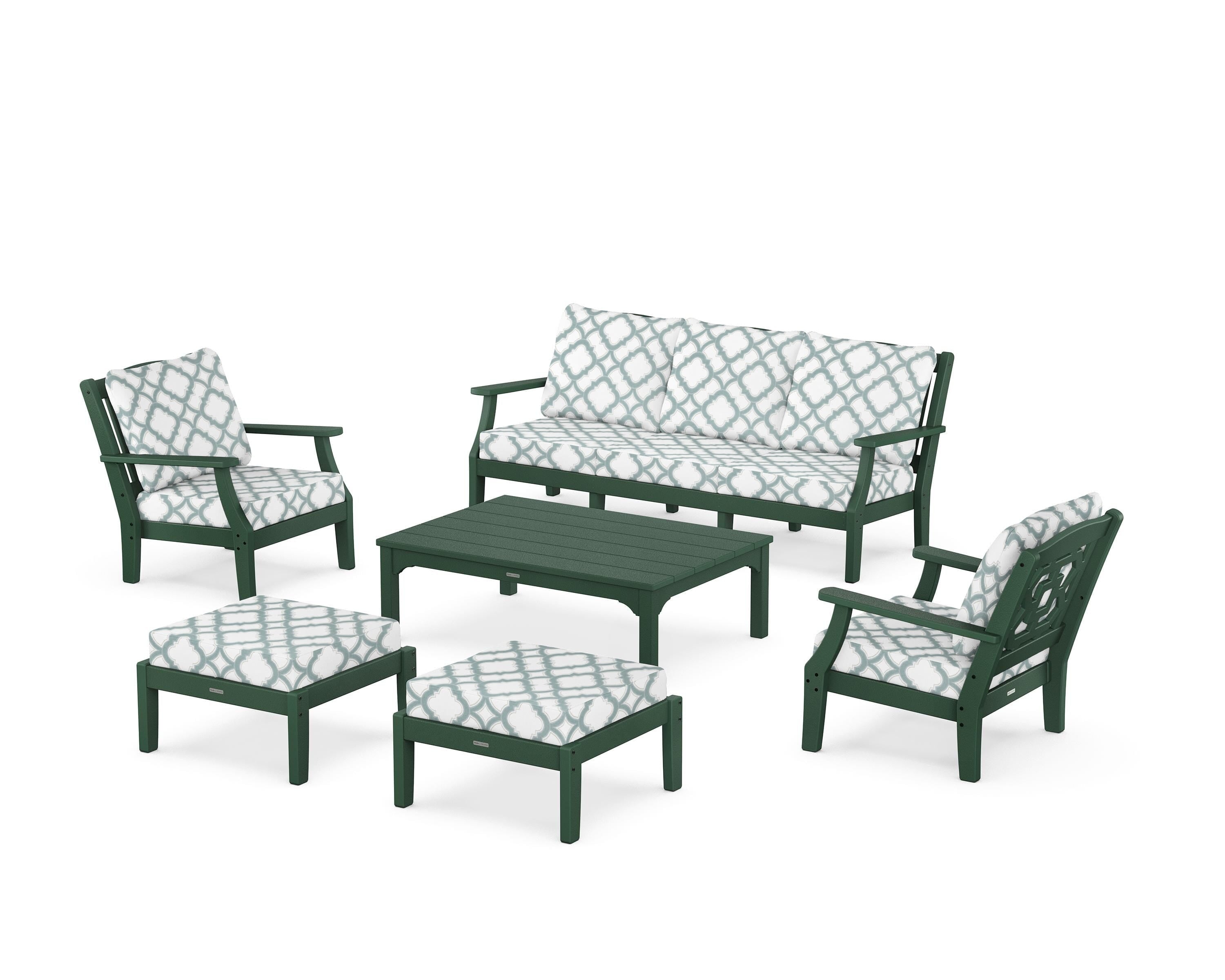 Martha Stewart by POLYWOOD® Chinoiserie 6-Piece Lounge Sofa Set in Green / Trellis Glacier Spa