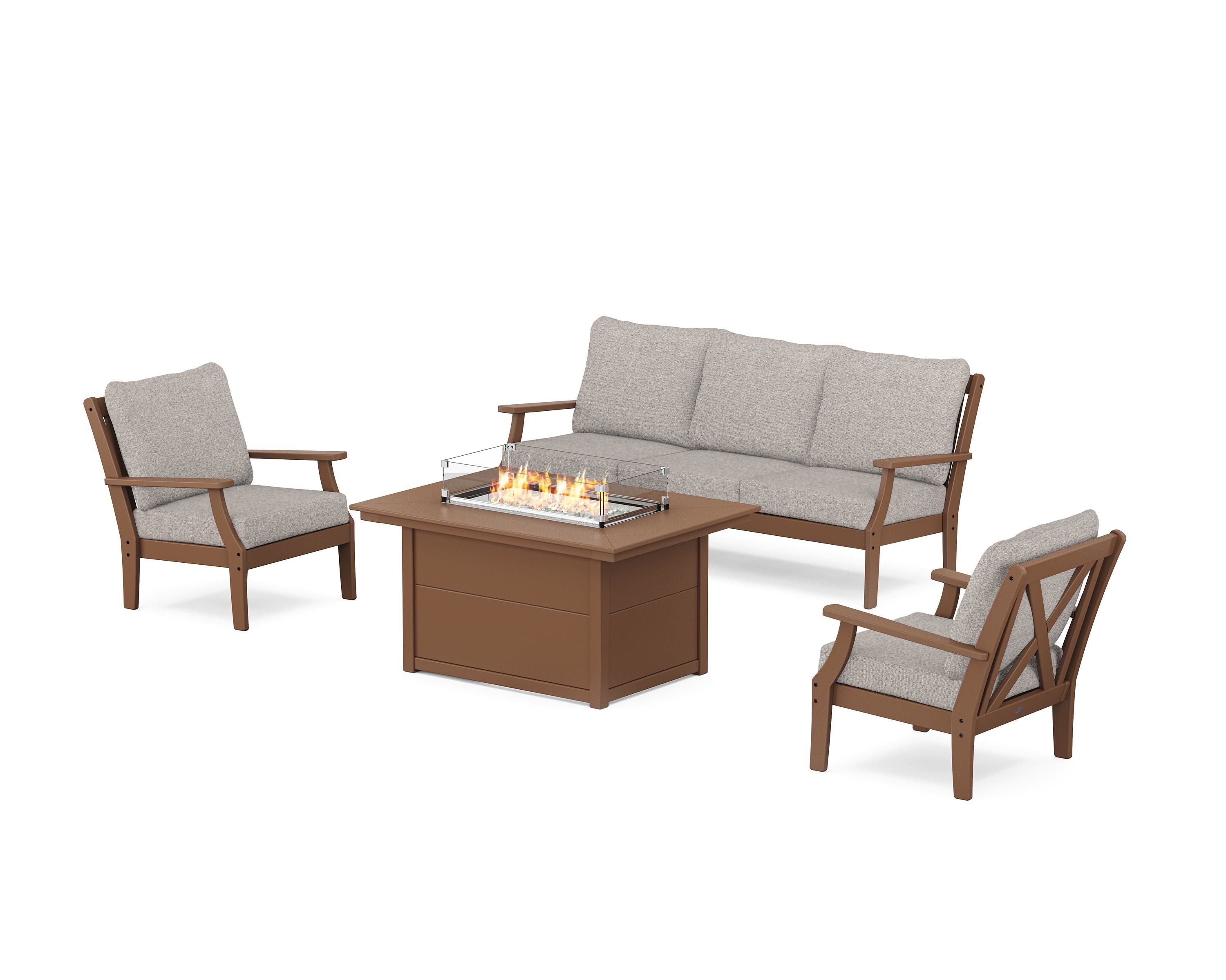 POLYWOOD® Braxton Deep Seating Fire Pit Table Set in Teak / Weathered Tweed