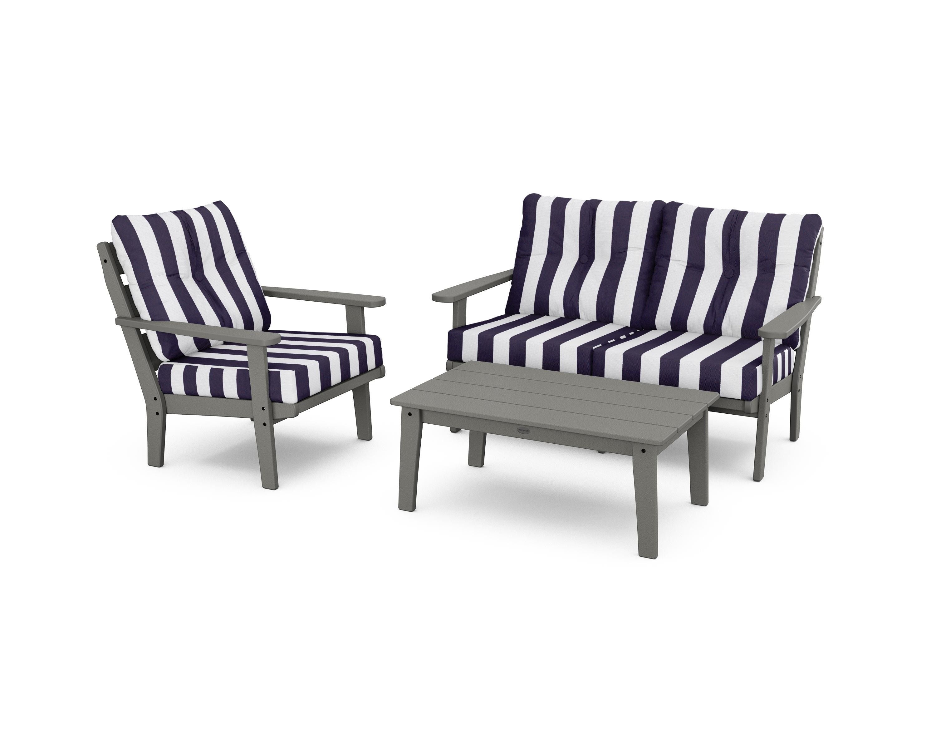 POLYWOOD® Lakeside 3-Piece Deep Seating Set in Slate Grey / Cabana Stripe Navy