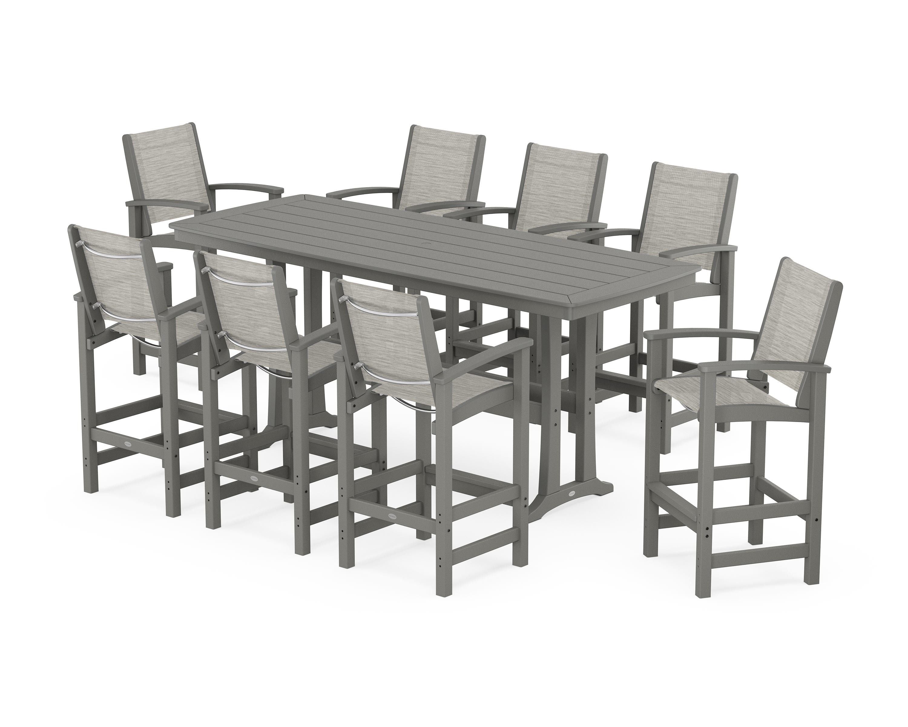 POLYWOOD® Coastal 9-Piece Bar Set with Trestle Legs in Slate Grey / Birch Sling