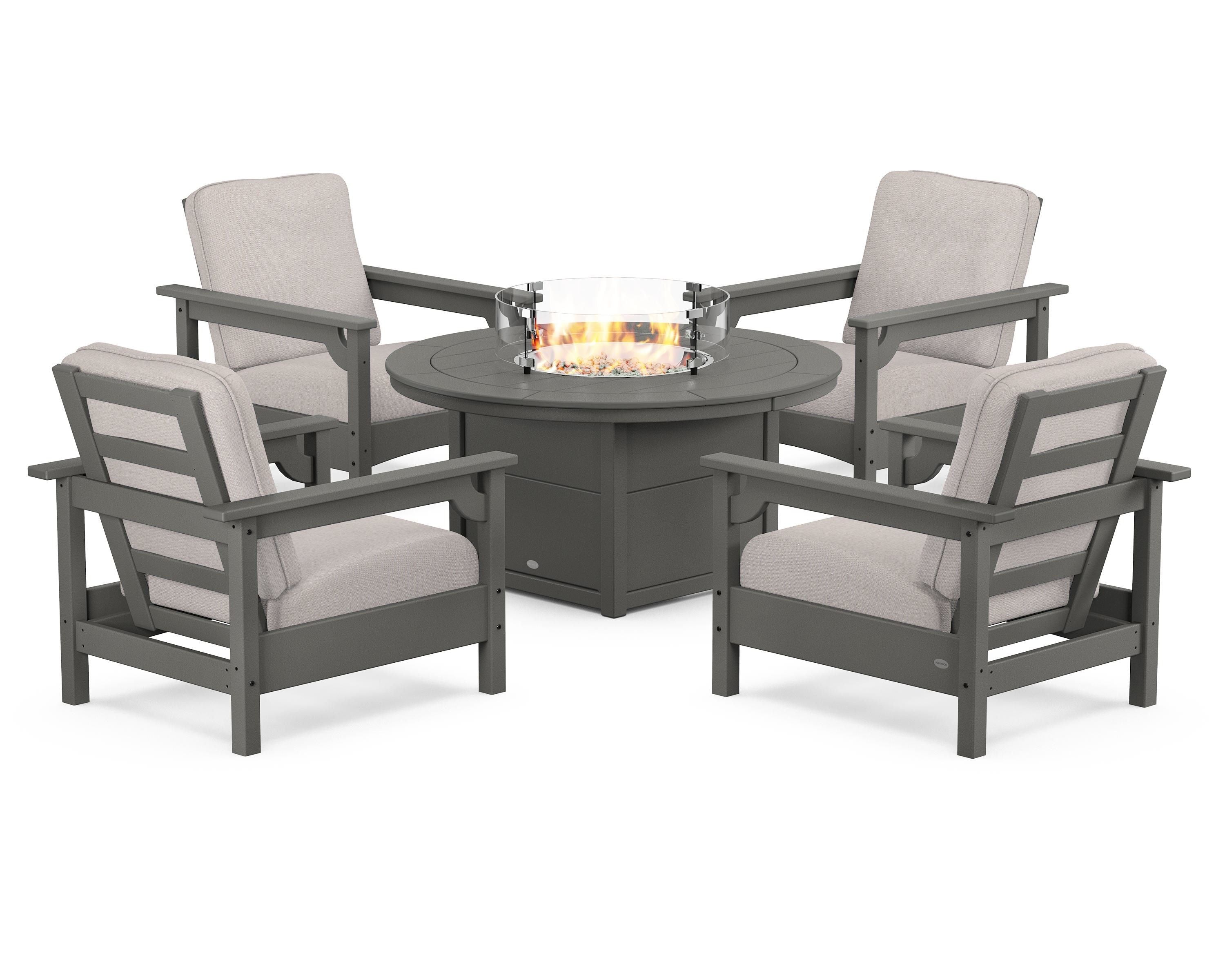 POLYWOOD® Club 5-Piece Conversation Set with Fire Pit Table in Slate Grey / Dune Burlap
