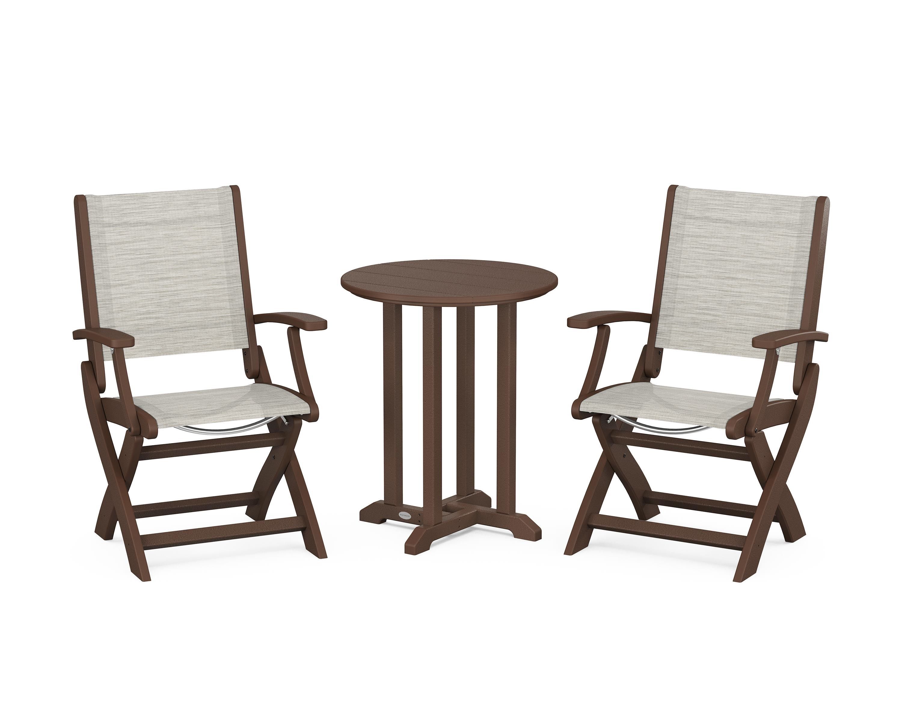POLYWOOD® Coastal Folding 3-Piece Round Bistro Dining Set in Mahogany / Birch Sling