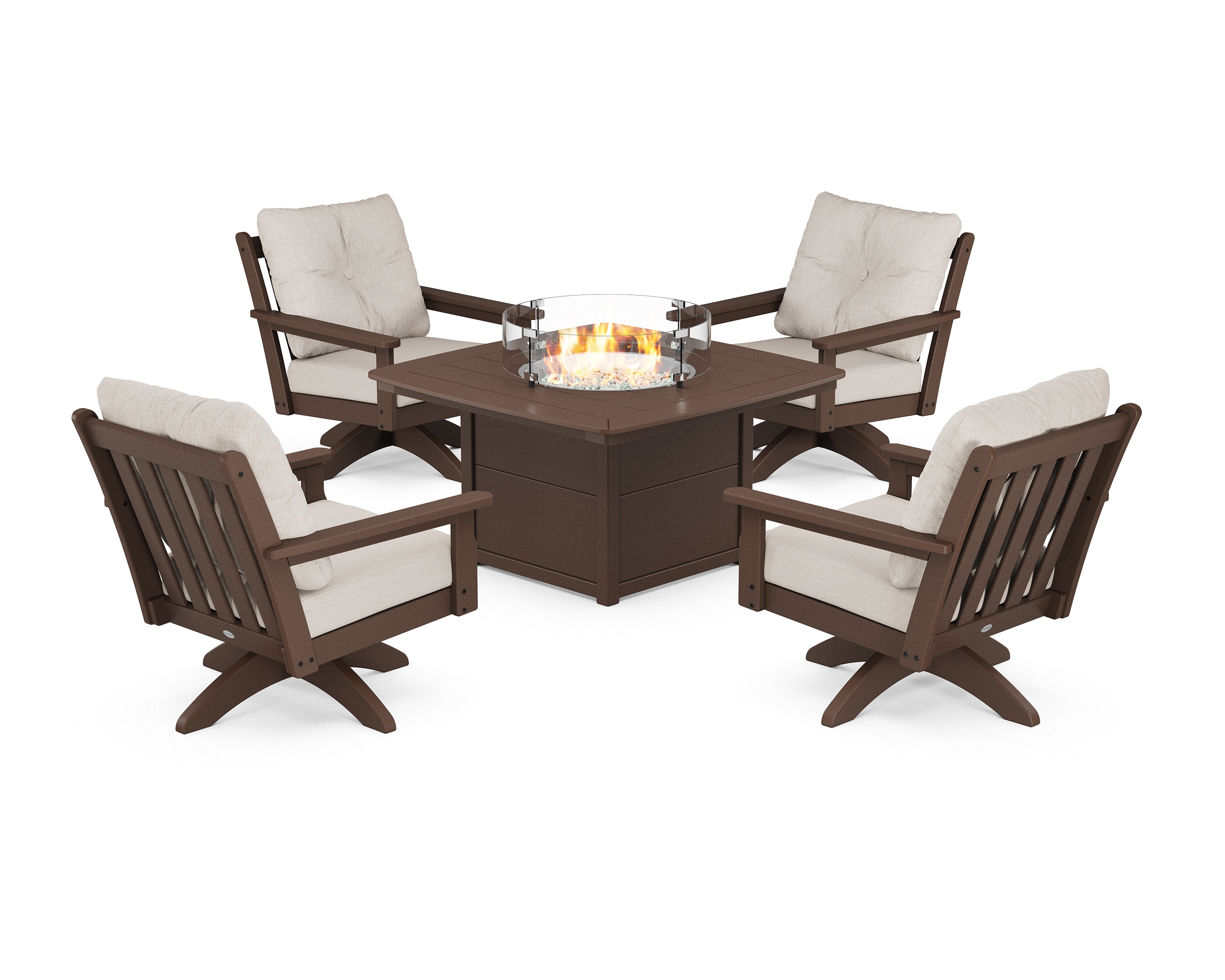 POLYWOOD® Vineyard 5-Piece Deep Seating Swivel Conversation Set with Fire Pit Table in Mahogany / Cast Ash