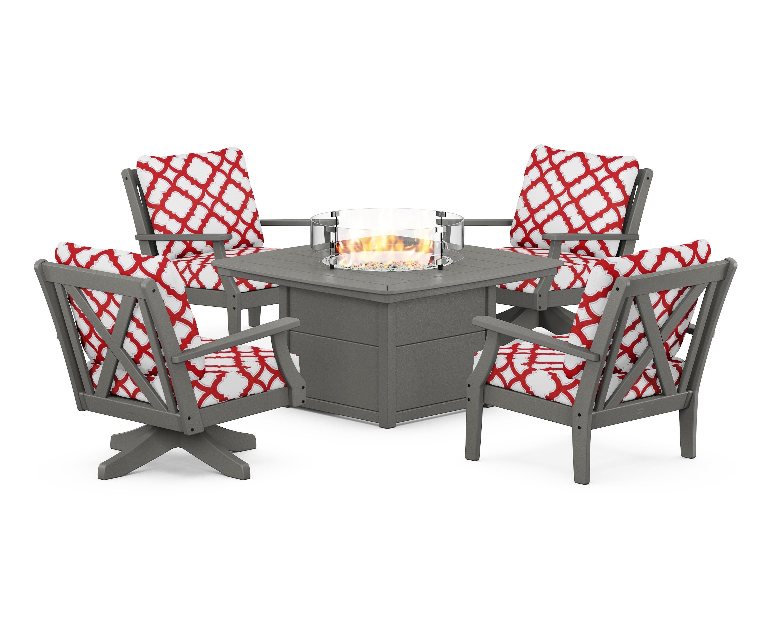 POLYWOOD® Braxton 5-Piece Deep Seating Set with Fire Table in Slate Grey / Trellis Crimson