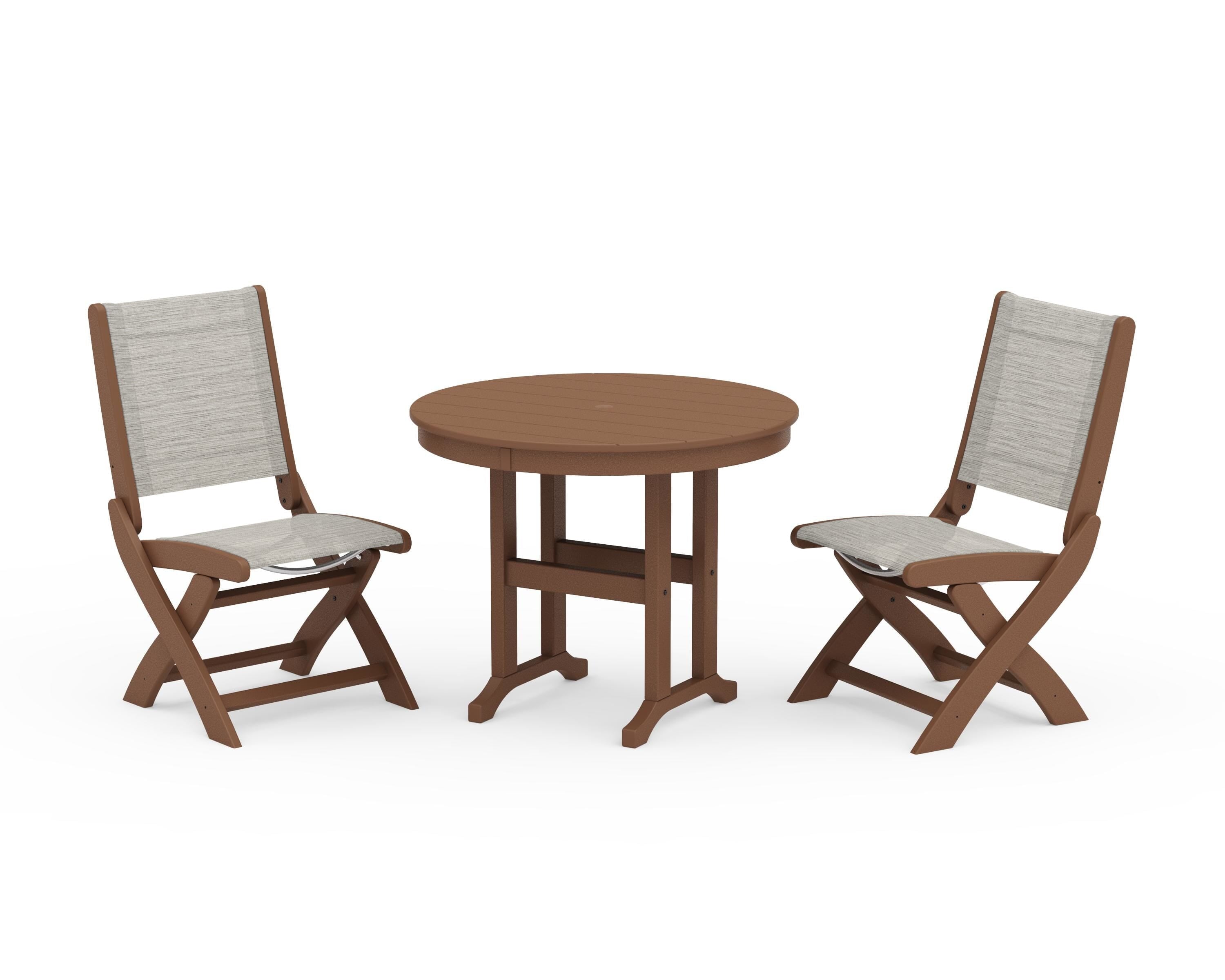 POLYWOOD® Coastal Folding Side Chair 3-Piece Round Dining Set in Teak / Birch Sling