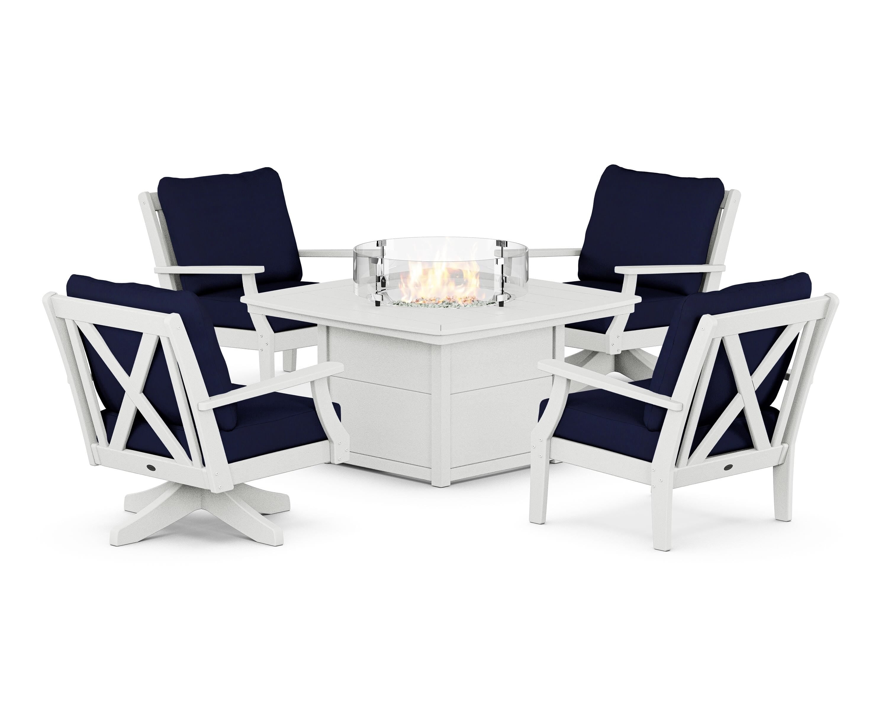 POLYWOOD® Braxton 5-Piece Deep Seating Set with Fire Table in Vintage White / Navy
