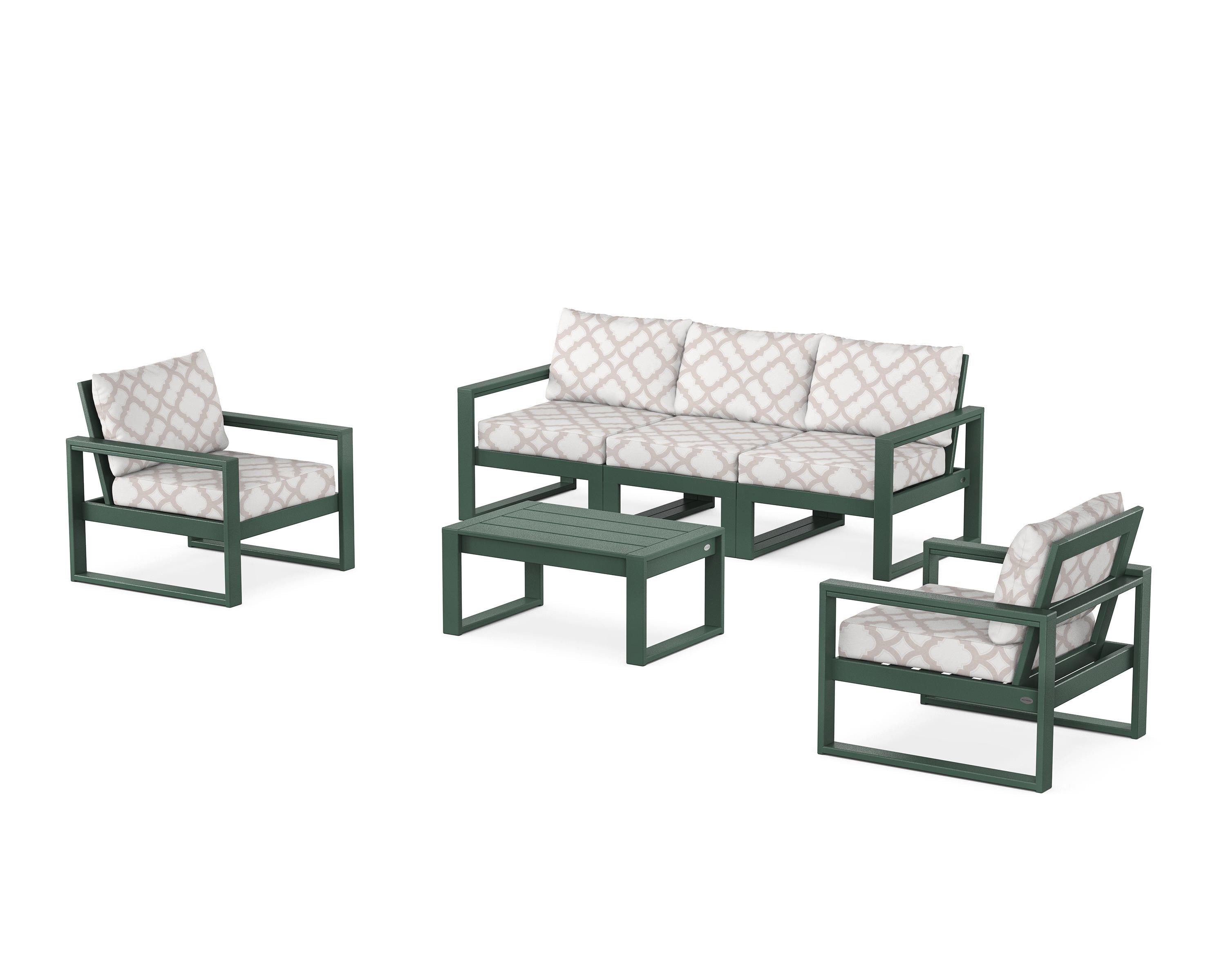 POLYWOOD® EDGE Sectional 4-Piece Deep Seating Set with Sofa in Green / Trellis Dune Burlap