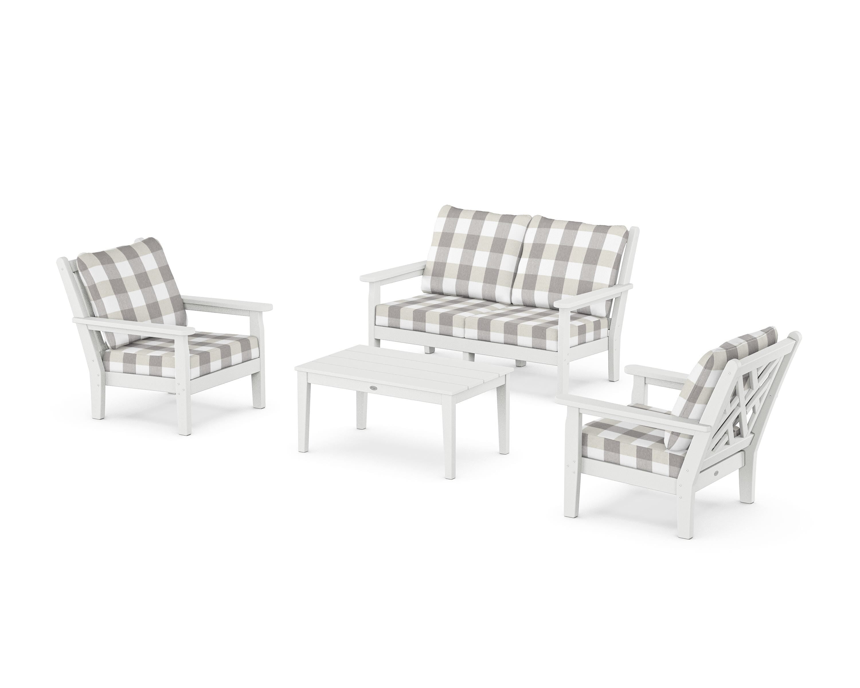 POLYWOOD® Chippendale 4-Piece Deep Seating Set with Loveseat in White / Buffalo Plaid Grey Mist