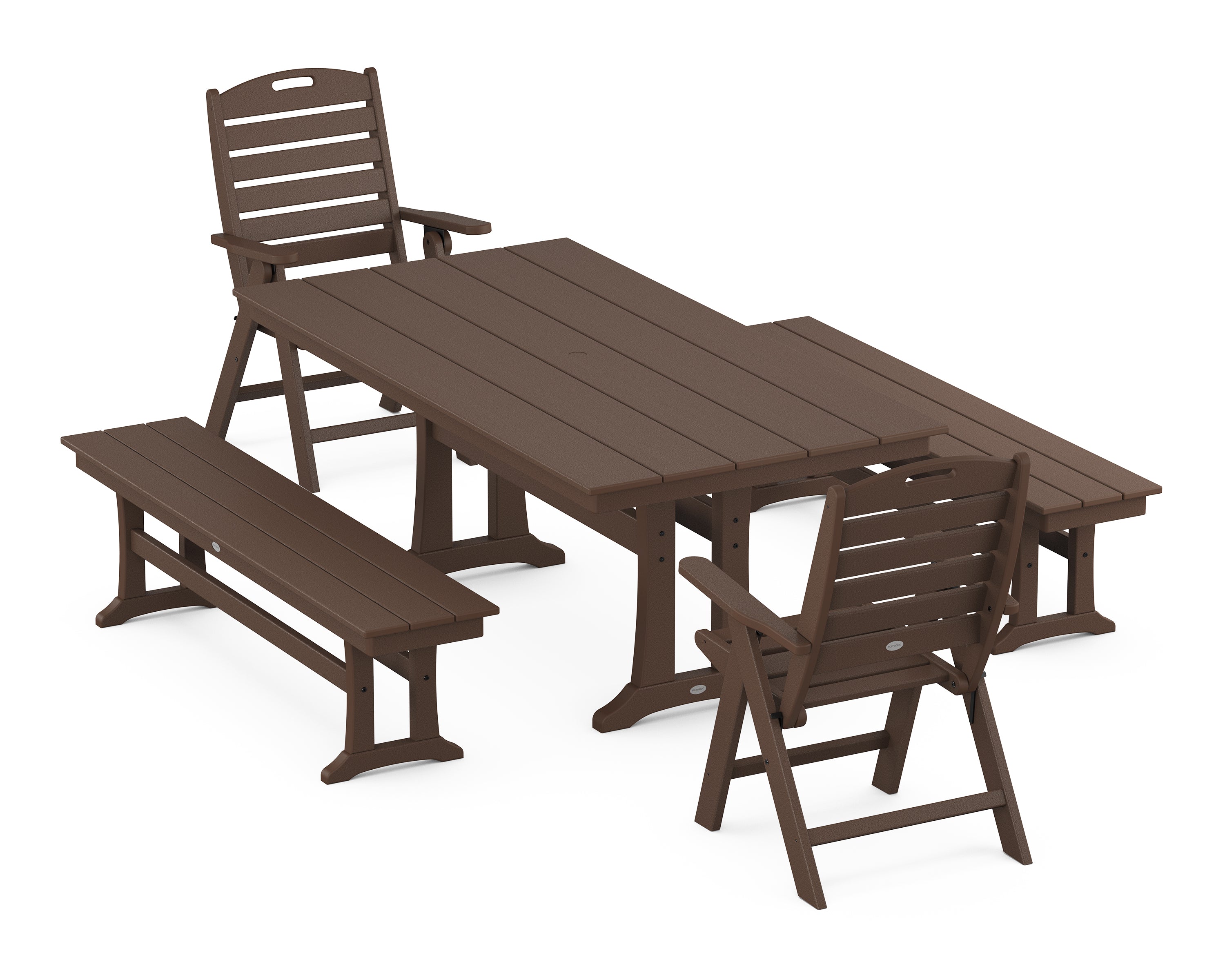POLYWOOD® Nautical Folding Highback Chair 5-Piece Farmhouse Dining Set With Trestle Legs and Benches in Mahogany