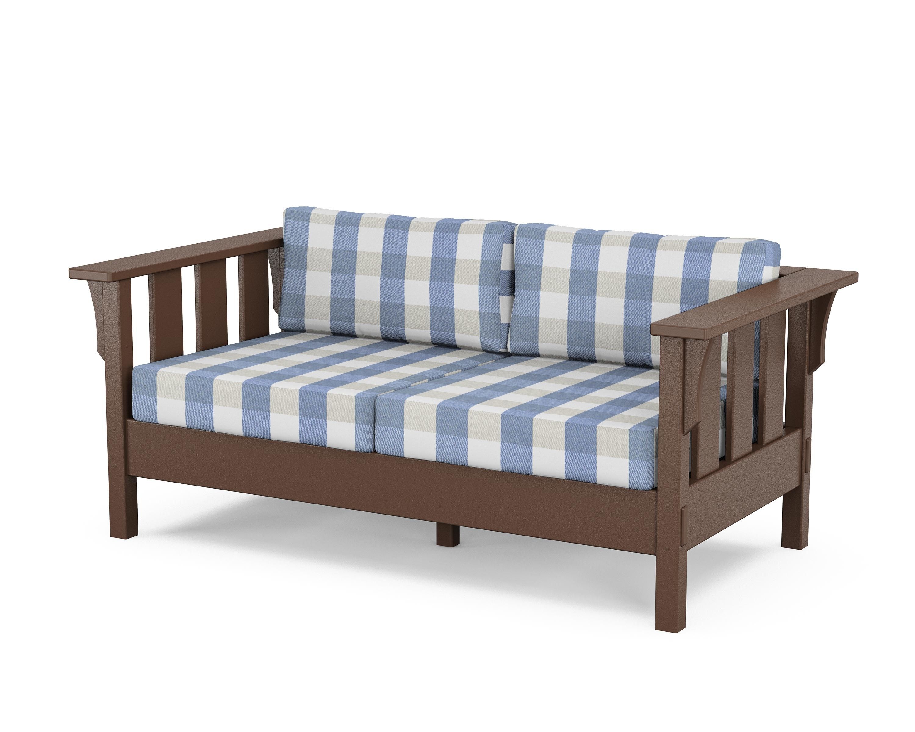 Martha Stewart by POLYWOOD® Acadia Deep Seating Loveseat in Mahogany / Buffalo Plaid Sky Blue