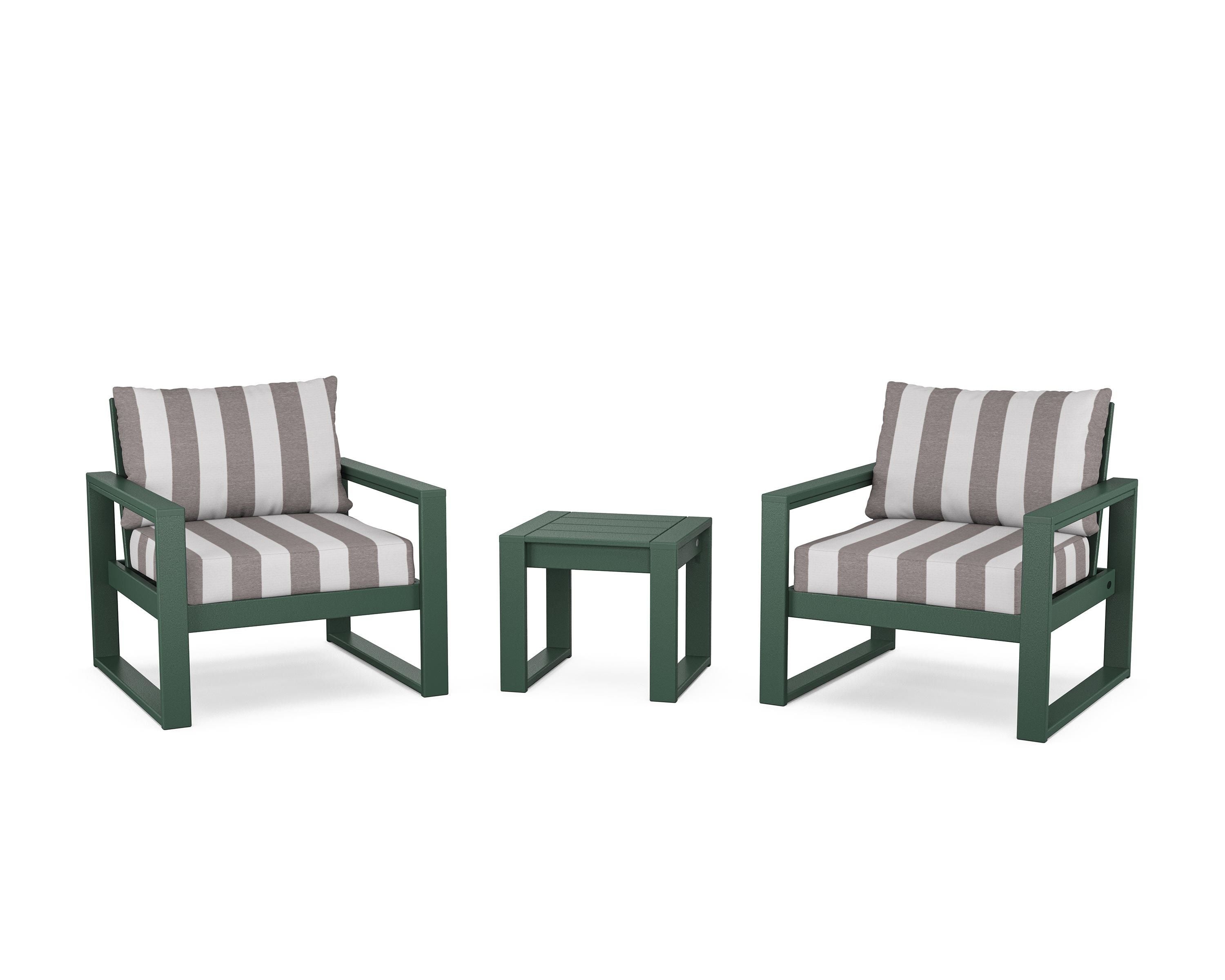 POLYWOOD® EDGE Sectional 3-Piece Deep Seating Set in Green / Cabana Stripe Grey Mist