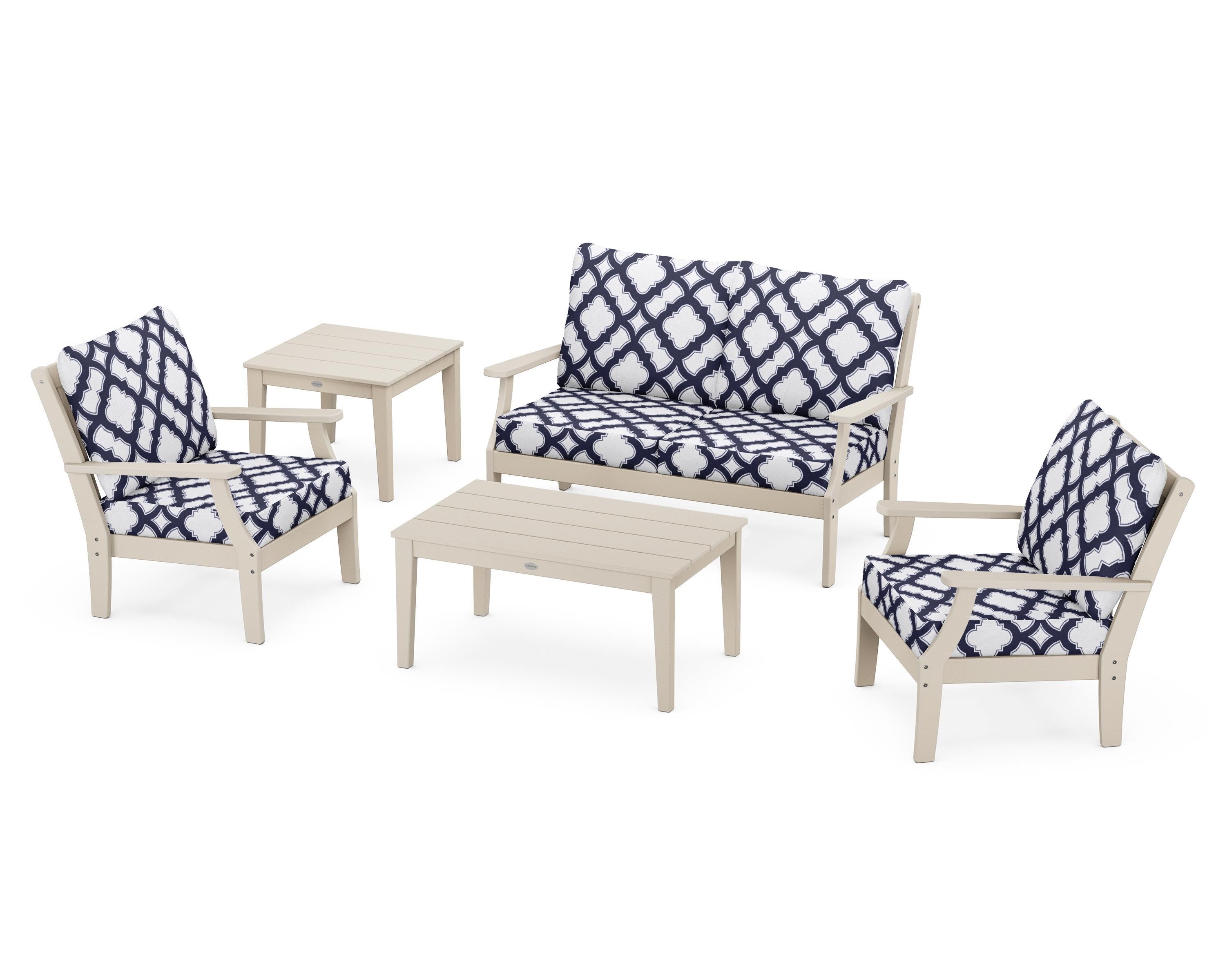 POLYWOOD® Braxton 5-Piece Deep Seating Set in Sand / Trellis Navy