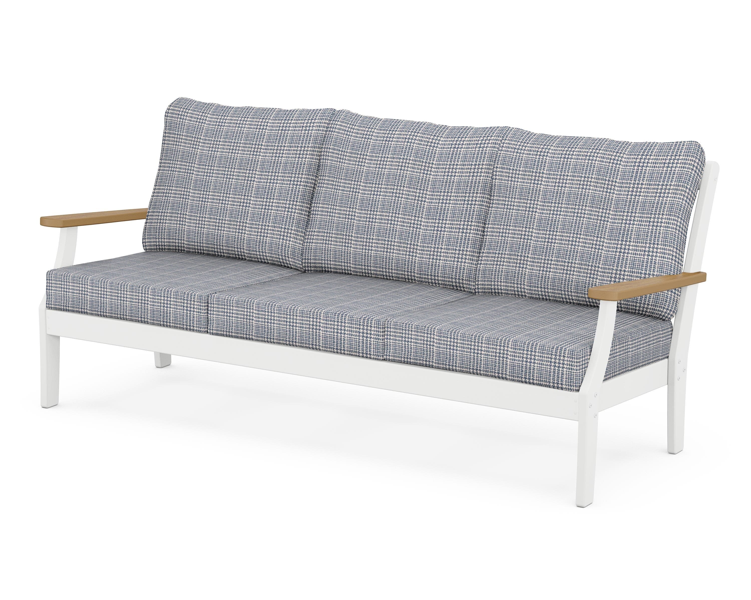POLYWOOD® Braxton Deep Seating Sofa in White / Natural / Houndstooth Sky Blue