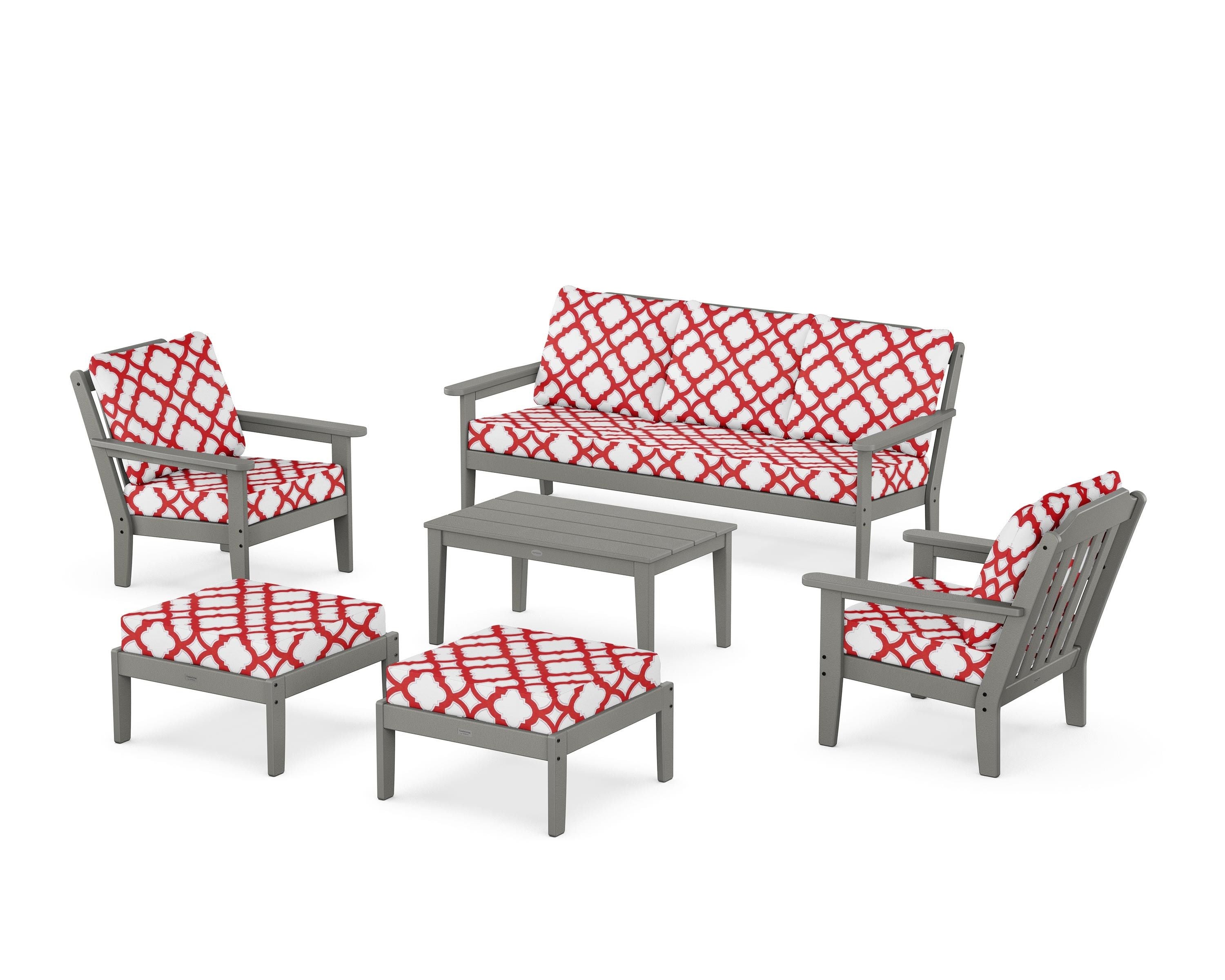 Country Living Cottage 6-Piece Lounge Sofa Set in Slate Grey / Trellis Crimson