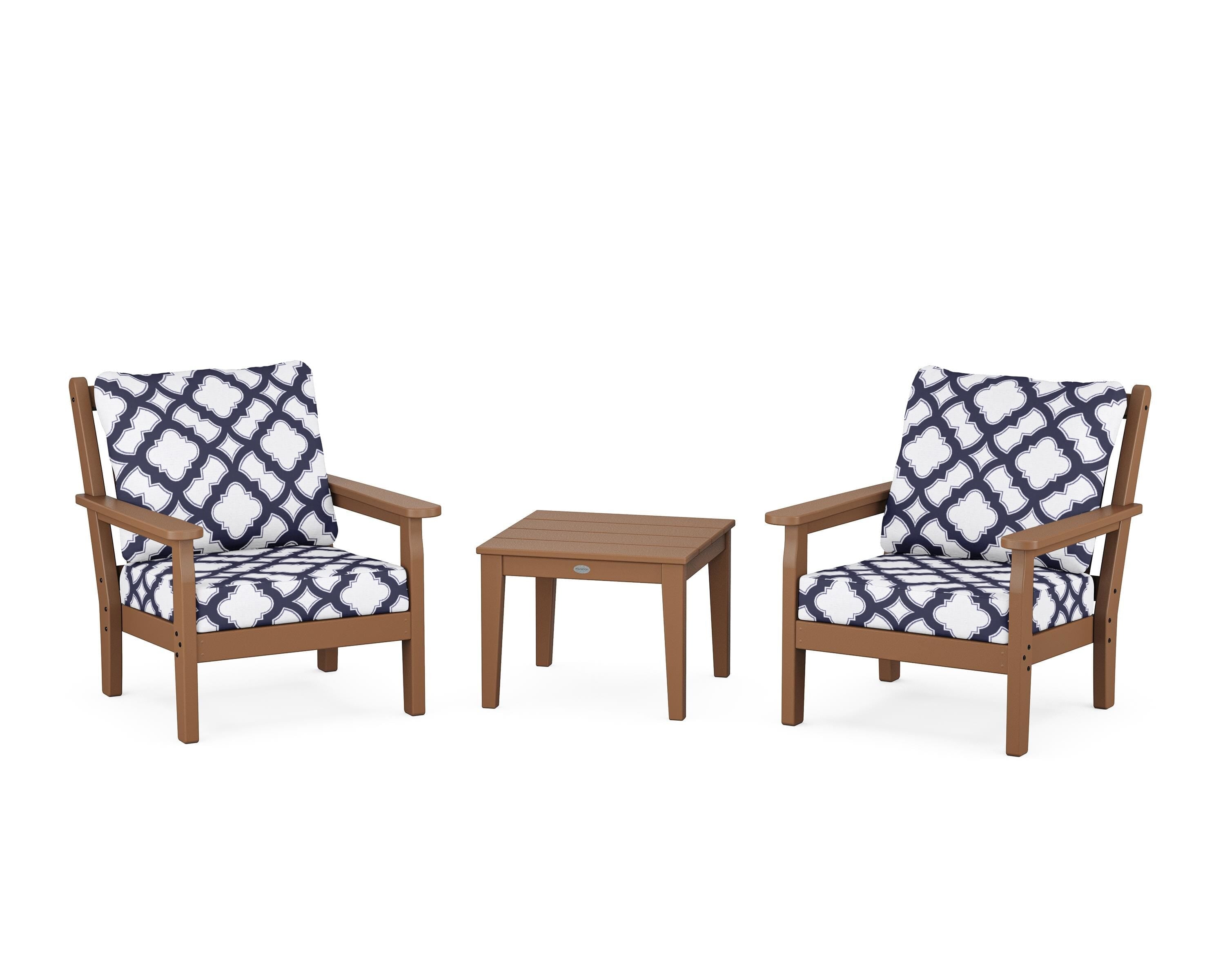 POLYWOOD® Chippendale 3-Piece Deep Seating Set in Teak / Trellis Navy