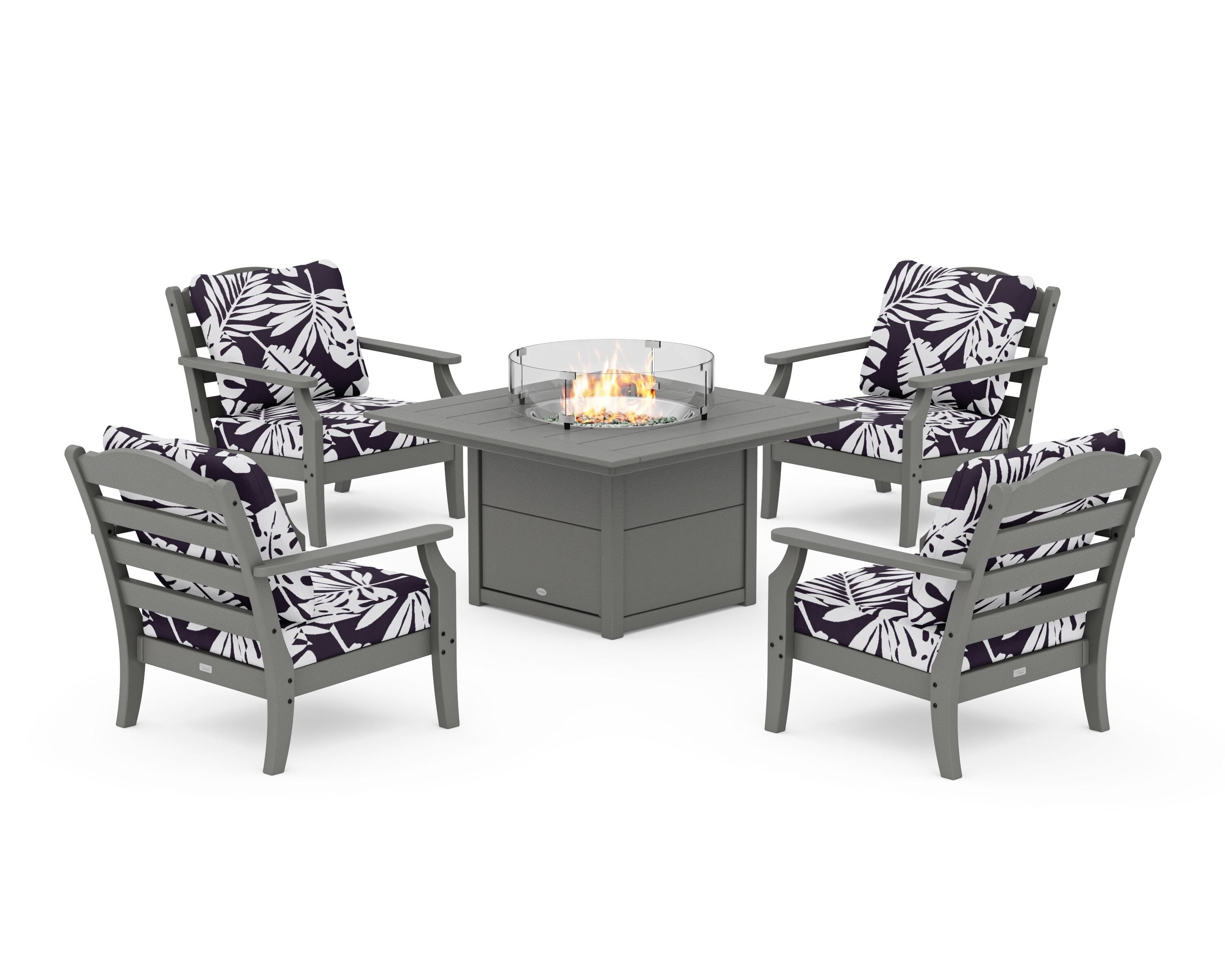 Draper James™ by POLYWOOD® Savannah 5-Piece Deep Seating Set with Fire Pit Table in Slate Grey / Leaf Navy