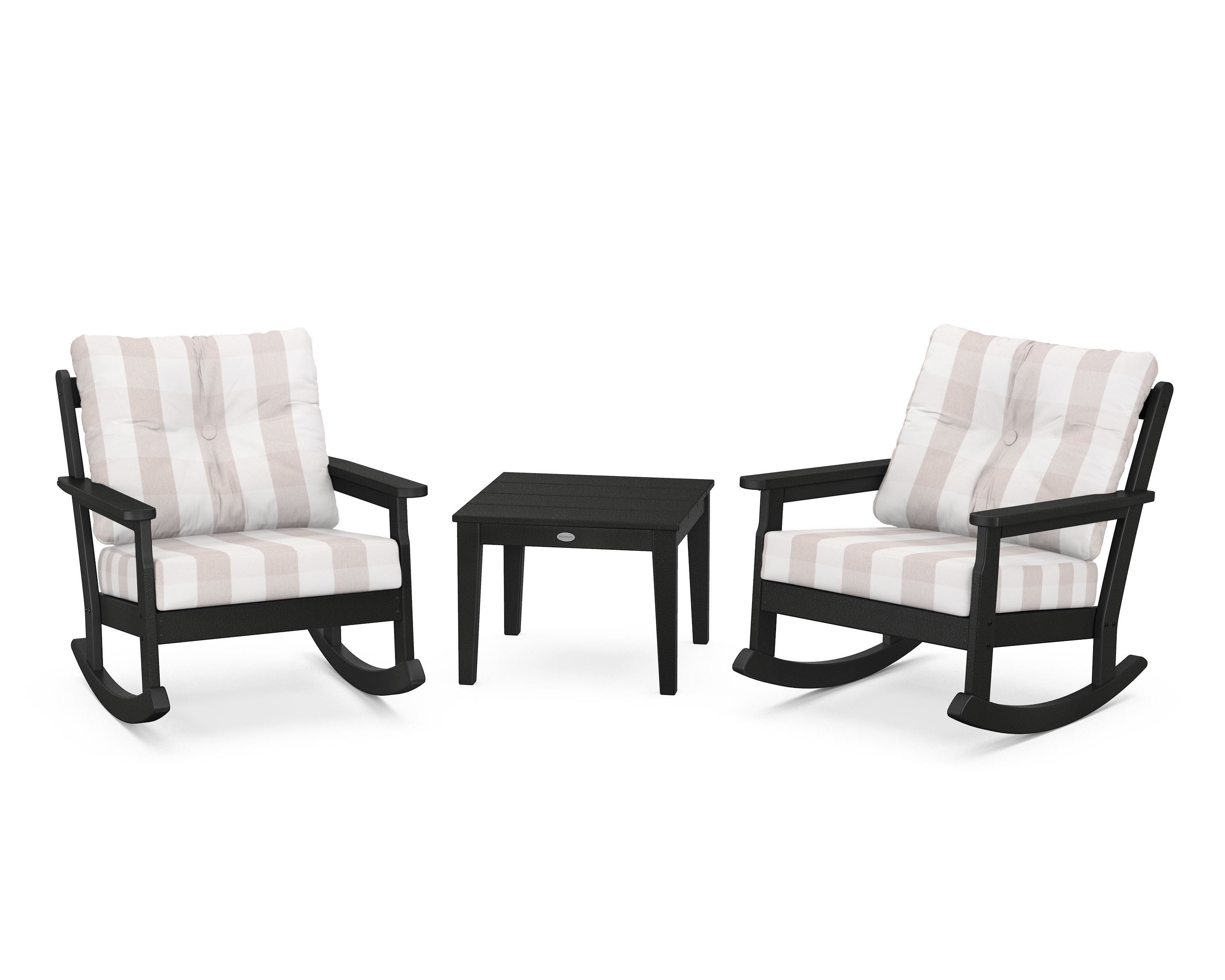 POLYWOOD® Vineyard 3-Piece Deep Seating Rocker Set in Black / Buffalo Plaid Dune Burlap