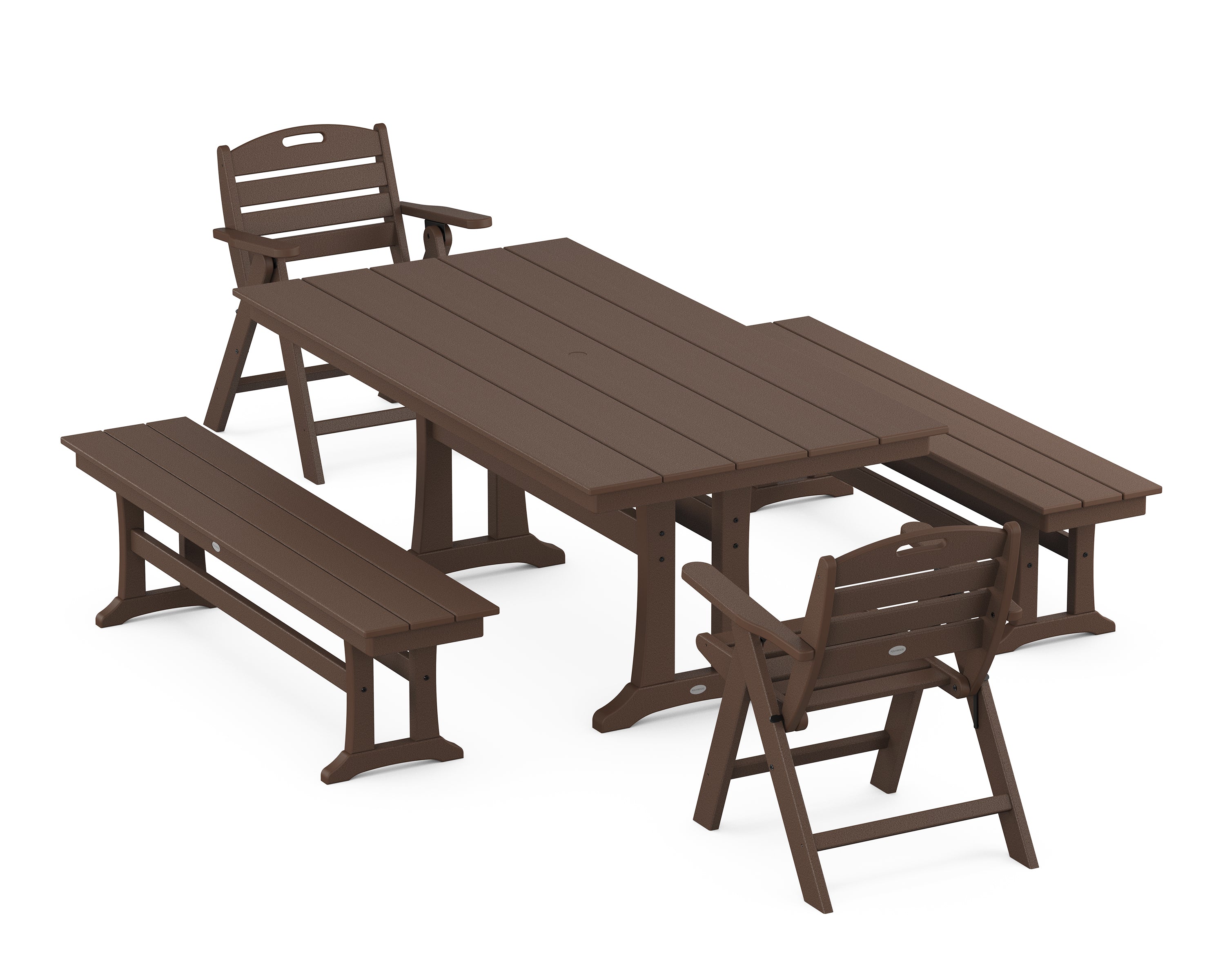 POLYWOOD® Nautical Folding Lowback Chair 5-Piece Farmhouse Dining Set With Trestle Legs in Mahogany