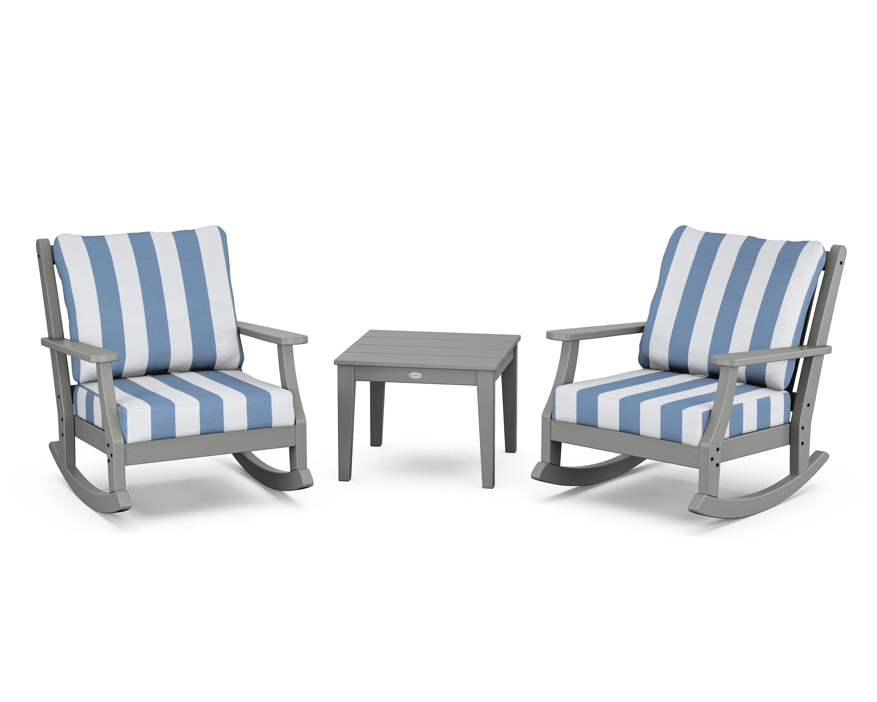 Country Living Wovendale 3-Piece Deep Seating Rocker Set in Slate Grey / Cabana Stripe Sky Blue