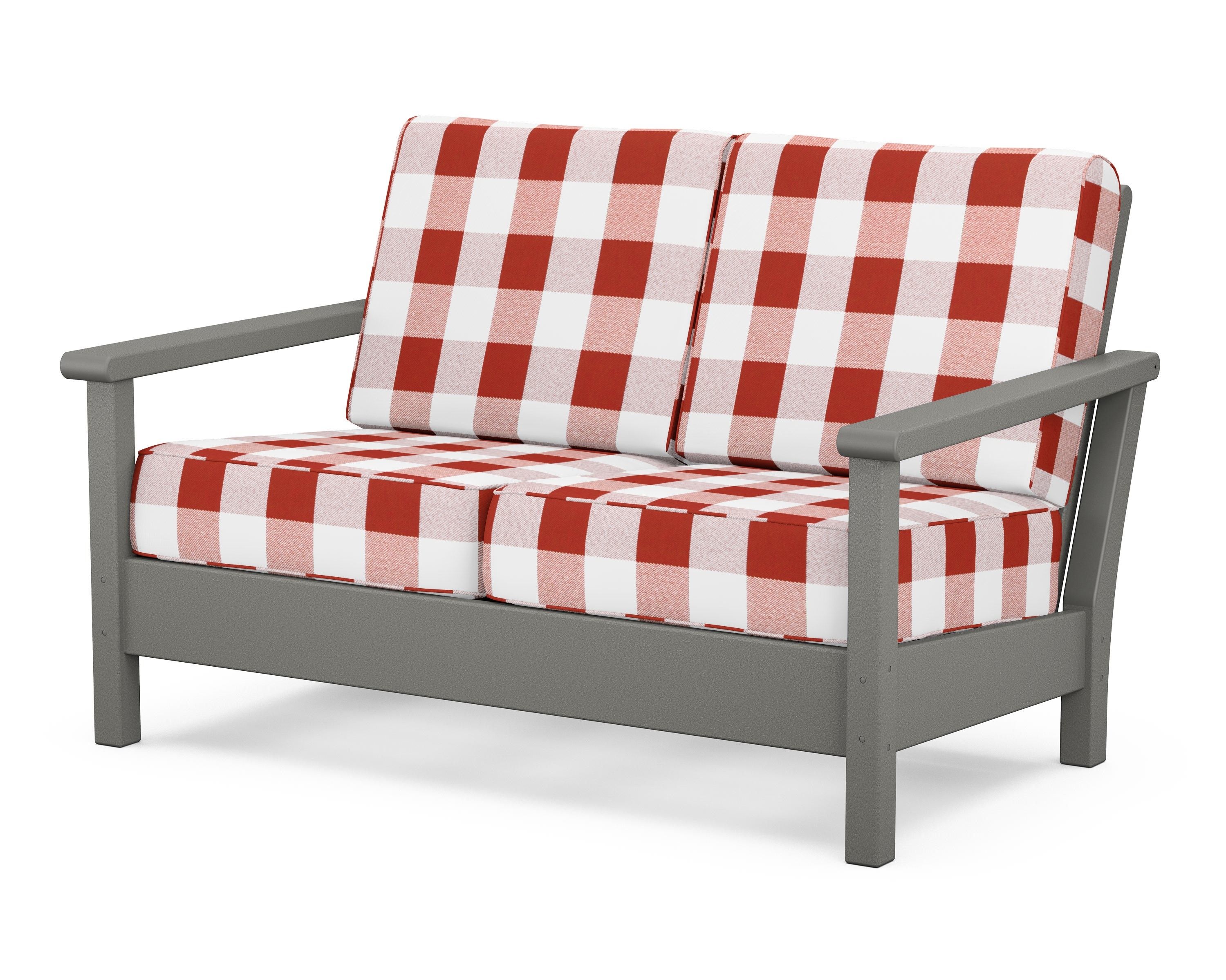 POLYWOOD® Harbour Deep Seating Loveseat in Slate Grey / Buffalo Plaid Crimson