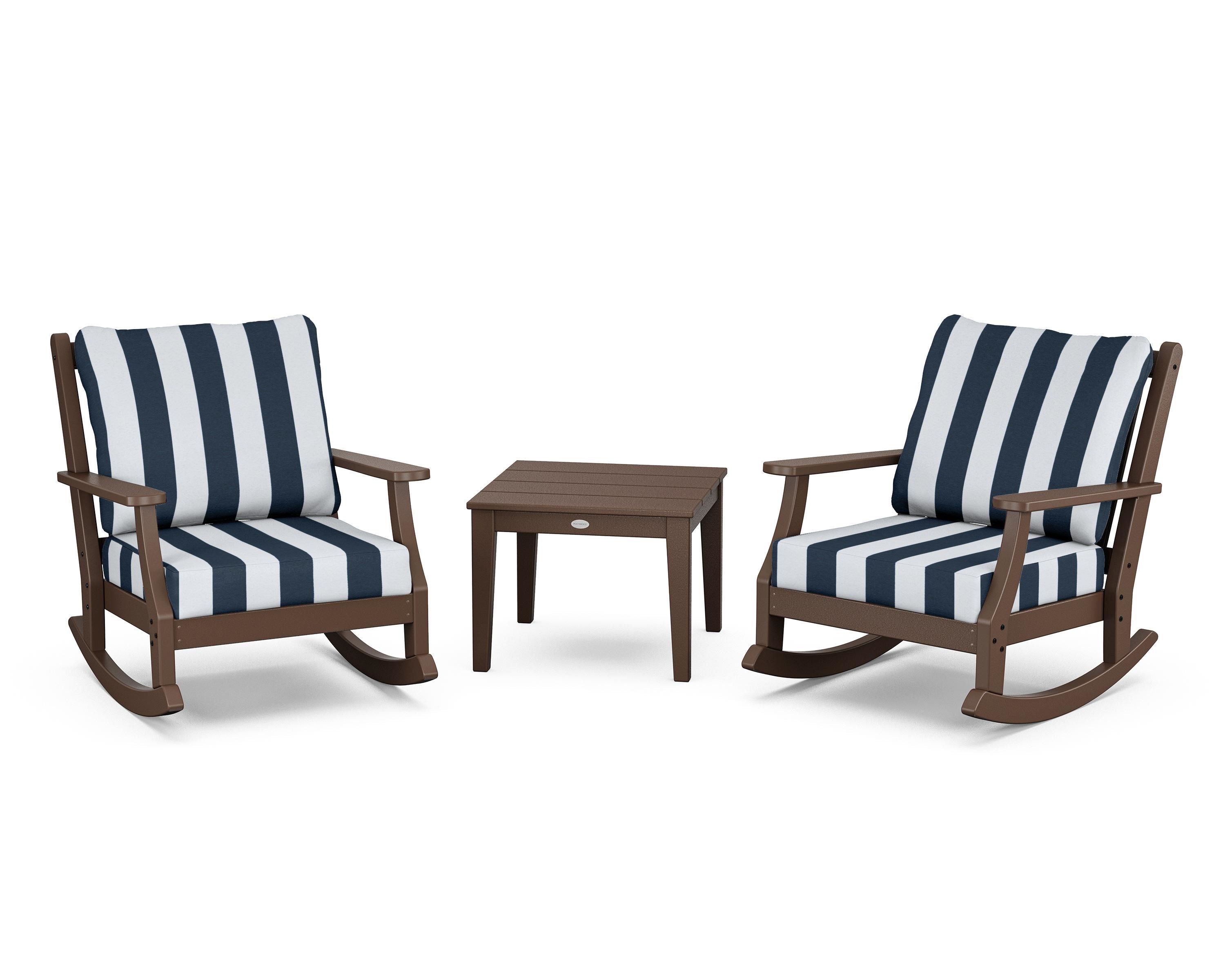Country Living Wovendale 3-Piece Deep Seating Rocker Set in Mahogany / Cabana Stripe Marine Indigo