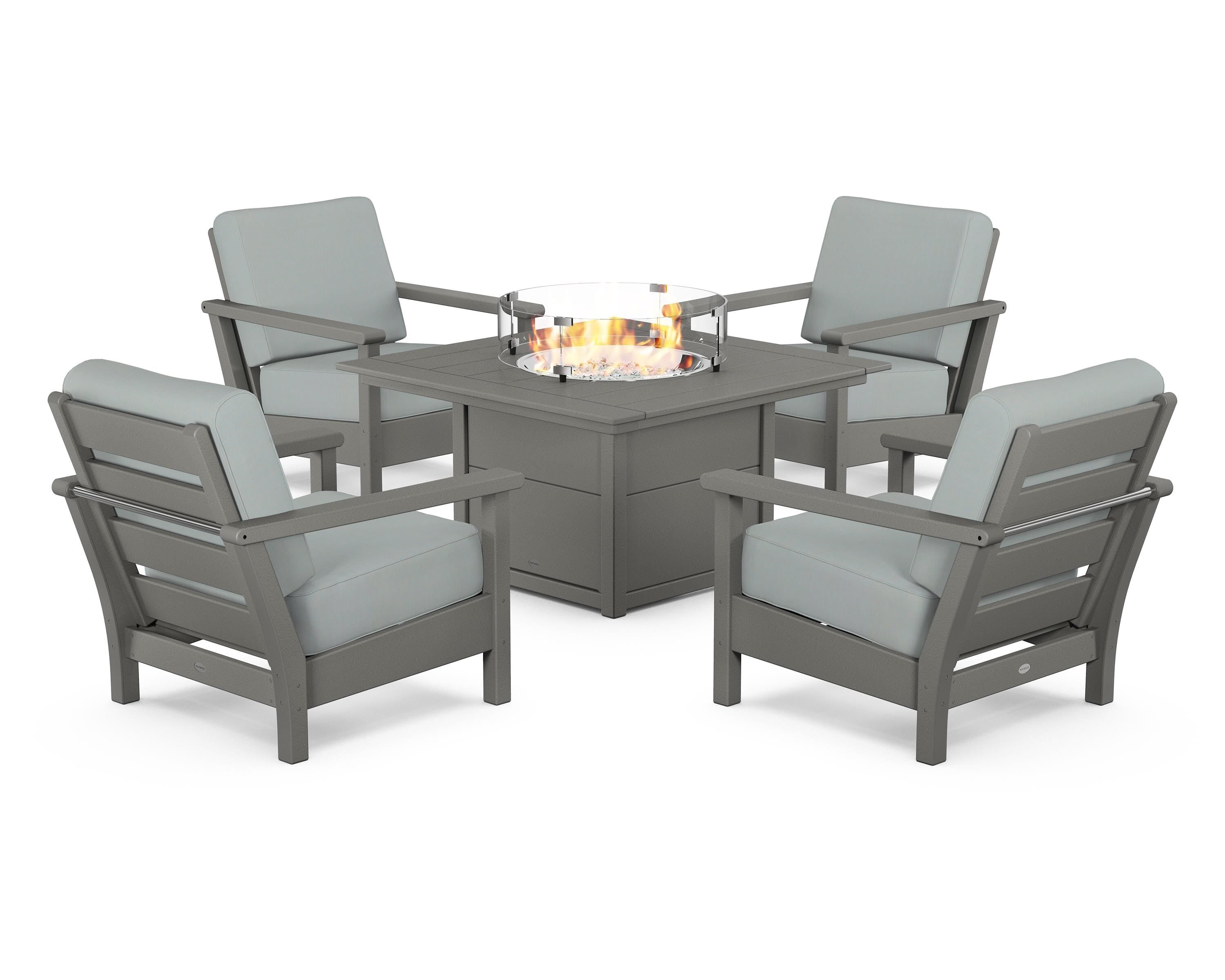 POLYWOOD® Harbour 5-Piece Conversation Set with Fire Pit Table in Slate Grey / Spa
