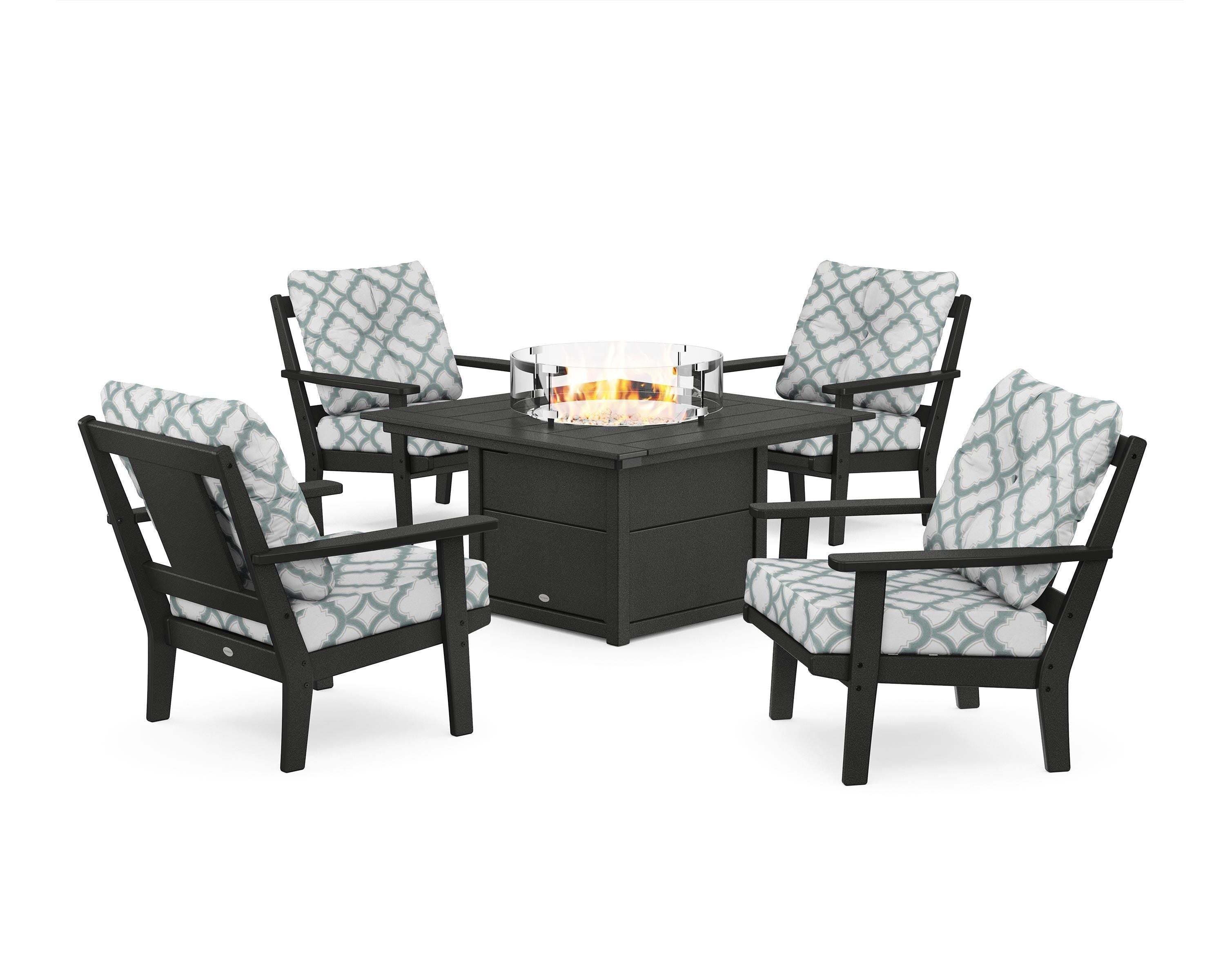 POLYWOOD® Prairie 5-Piece Deep Seating Set with Fire Pit Table in Black / Trellis Glacier Spa