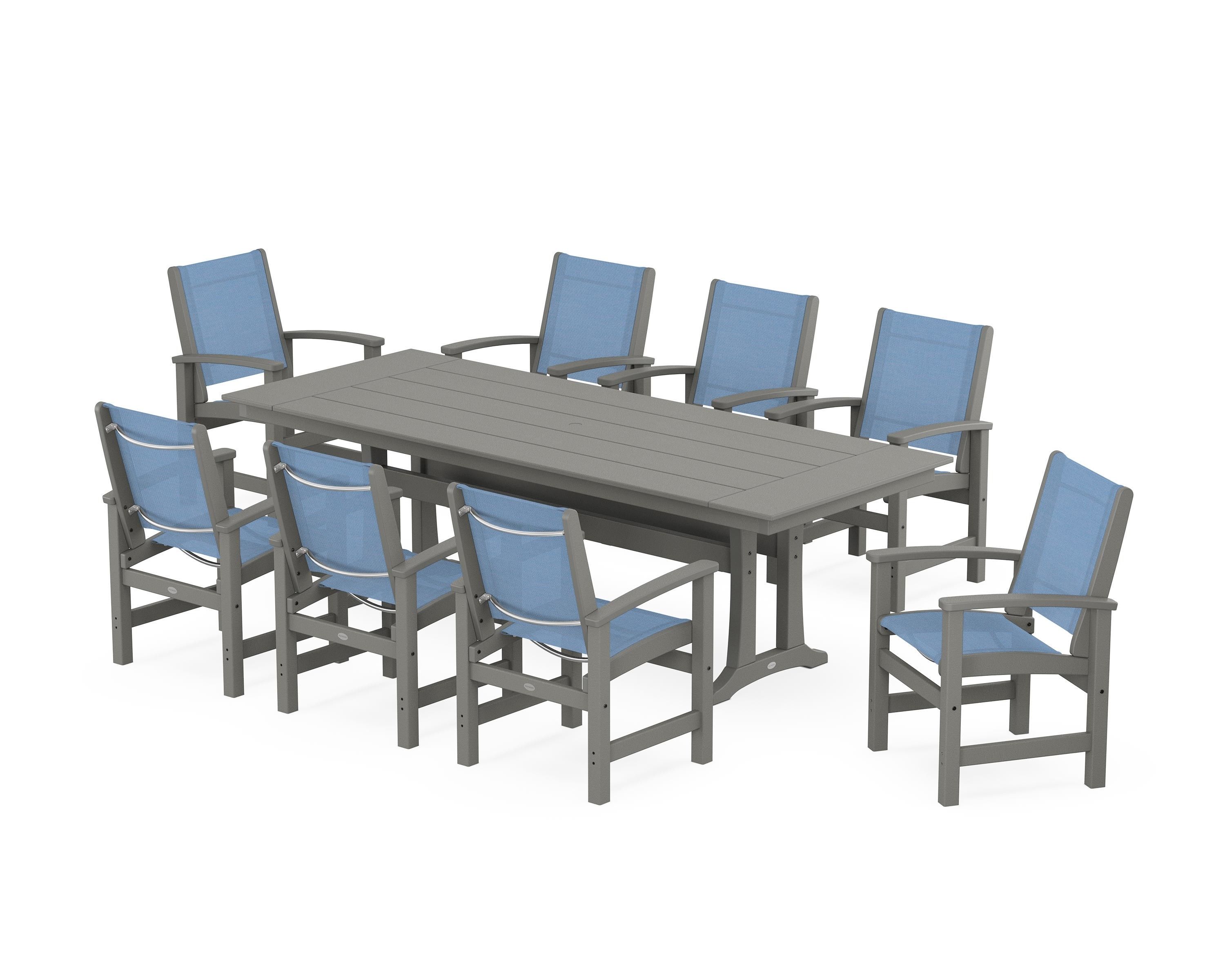 POLYWOOD® Coastal 9-Piece Farmhouse Dining Set with Trestle Legs in Slate Grey / Poolside Sling