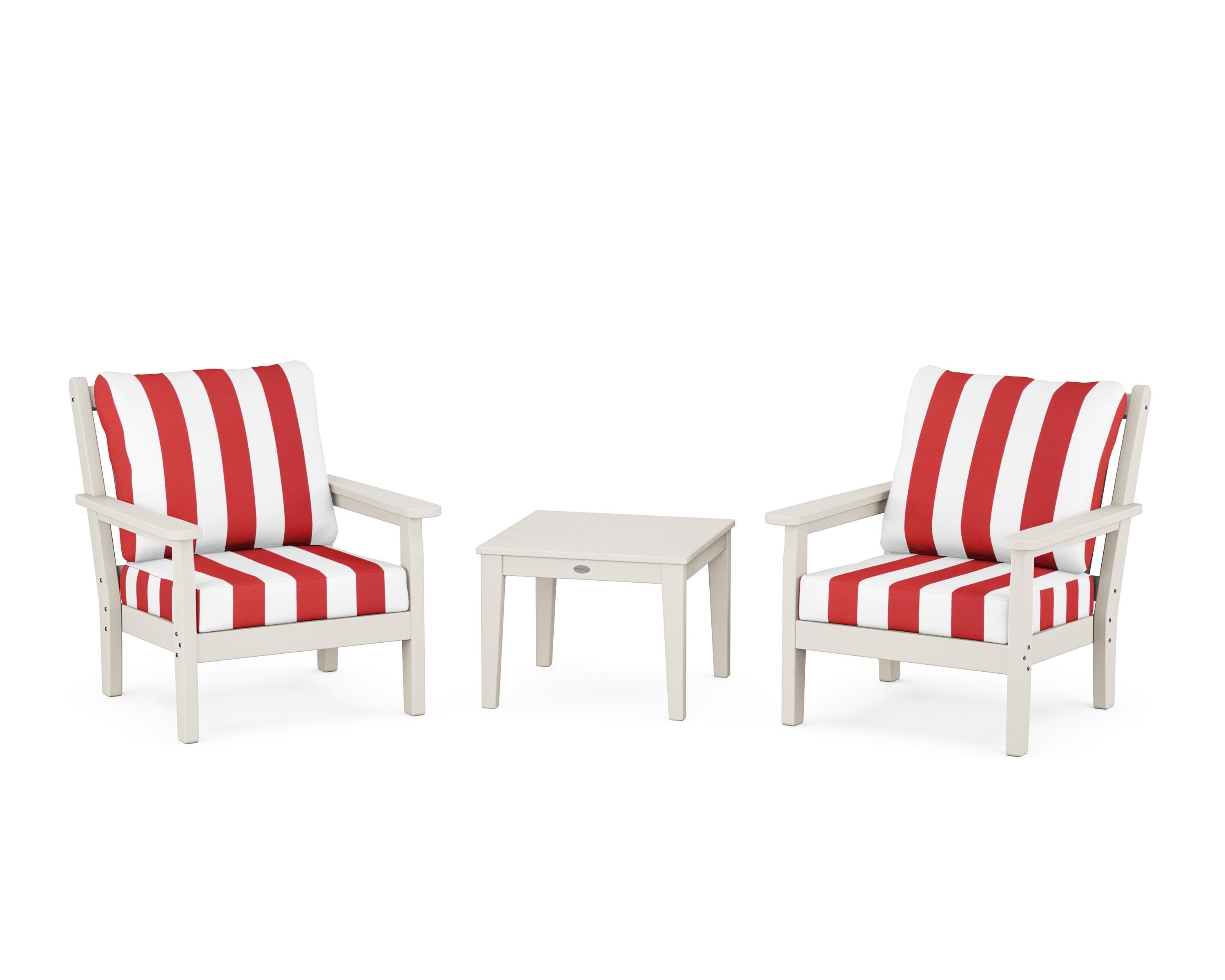POLYWOOD® Chippendale 3-Piece Deep Seating Set in Sand / Cabana Stripe Crimson