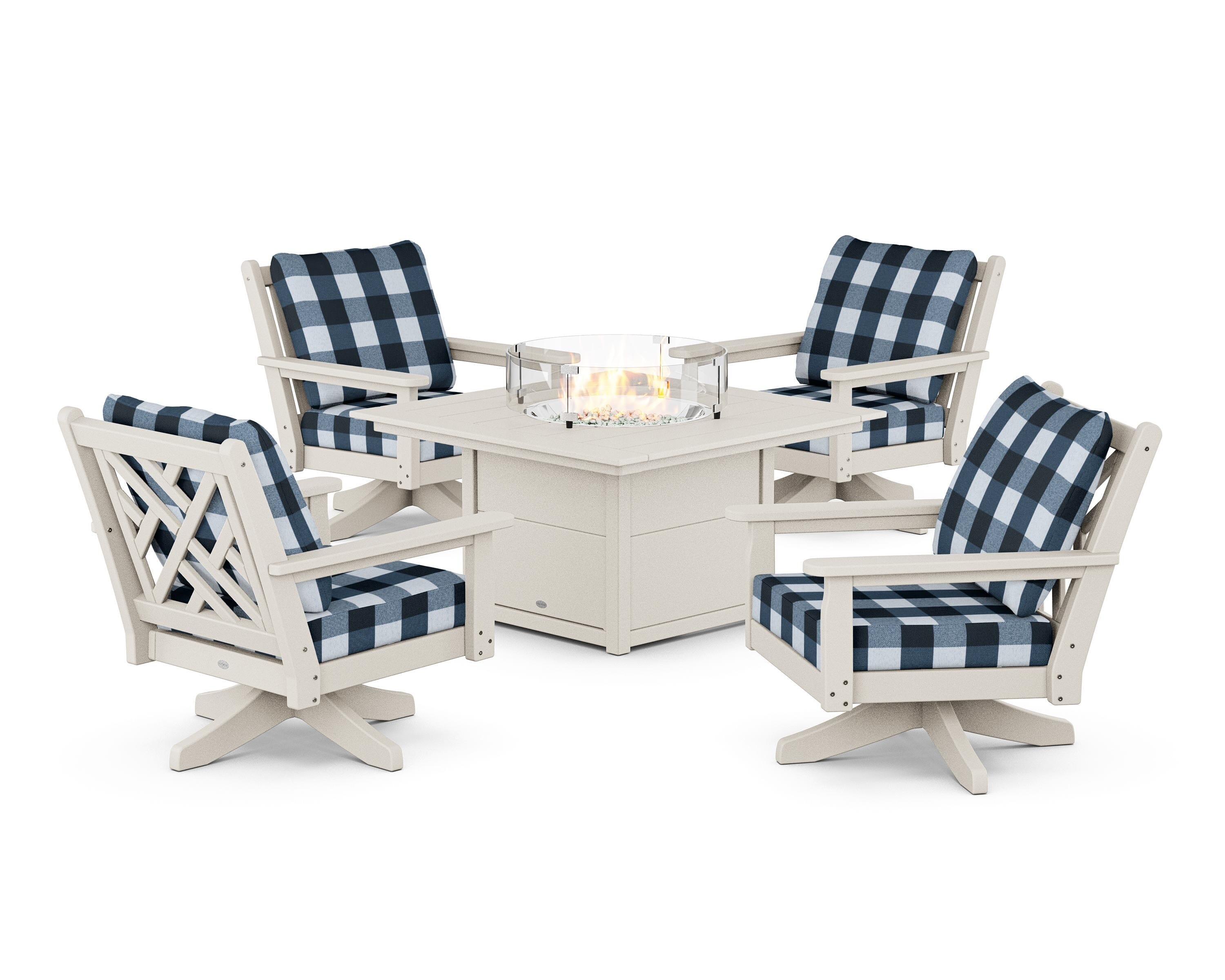 POLYWOOD® Chippendale 5-Piece Deep Seating Swivel Conversation Set with Fire Pit Table in Sand / Buffalo Plaid Marine Indigo