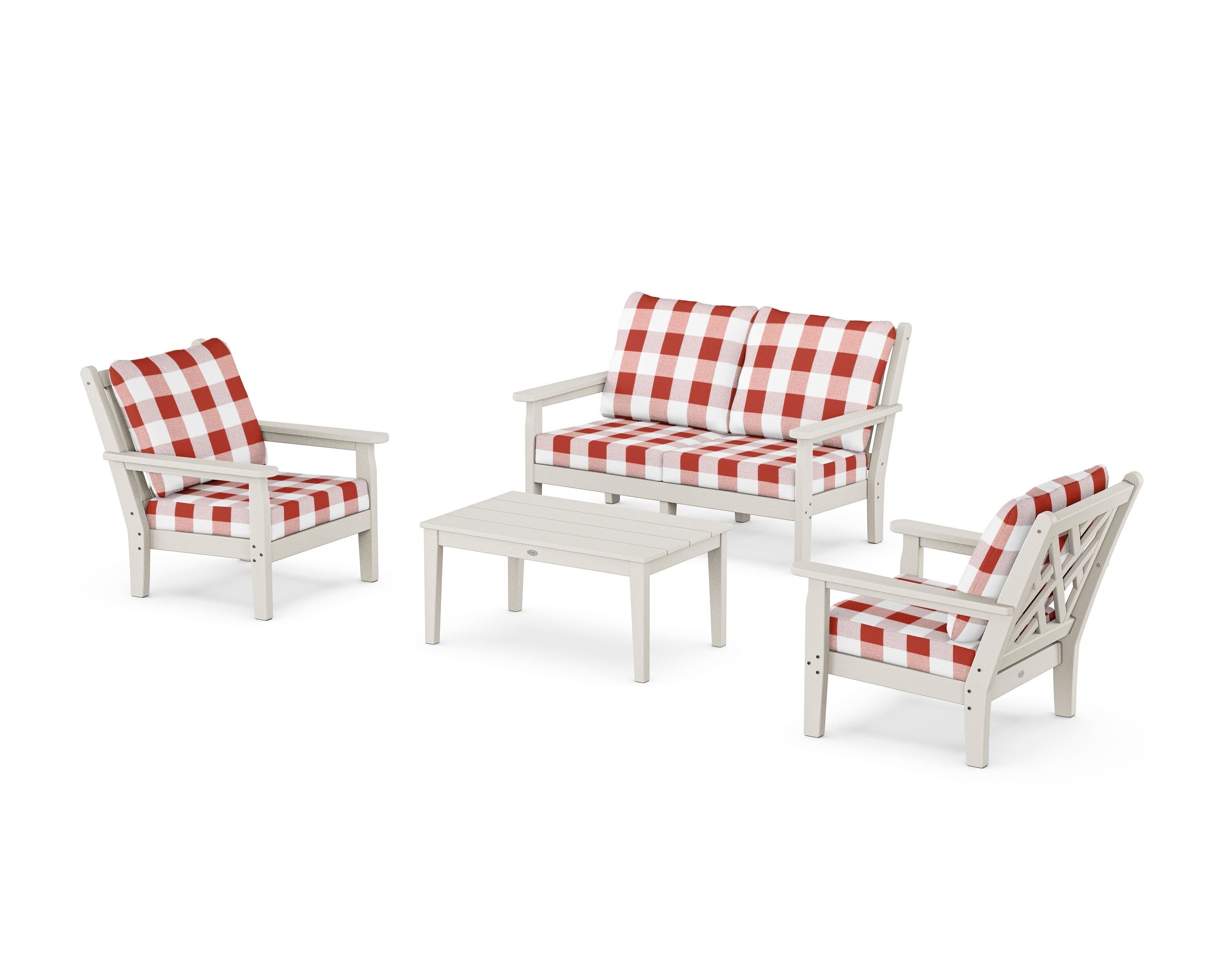 POLYWOOD® Chippendale 4-Piece Deep Seating Set with Loveseat in Sand / Buffalo Plaid Crimson