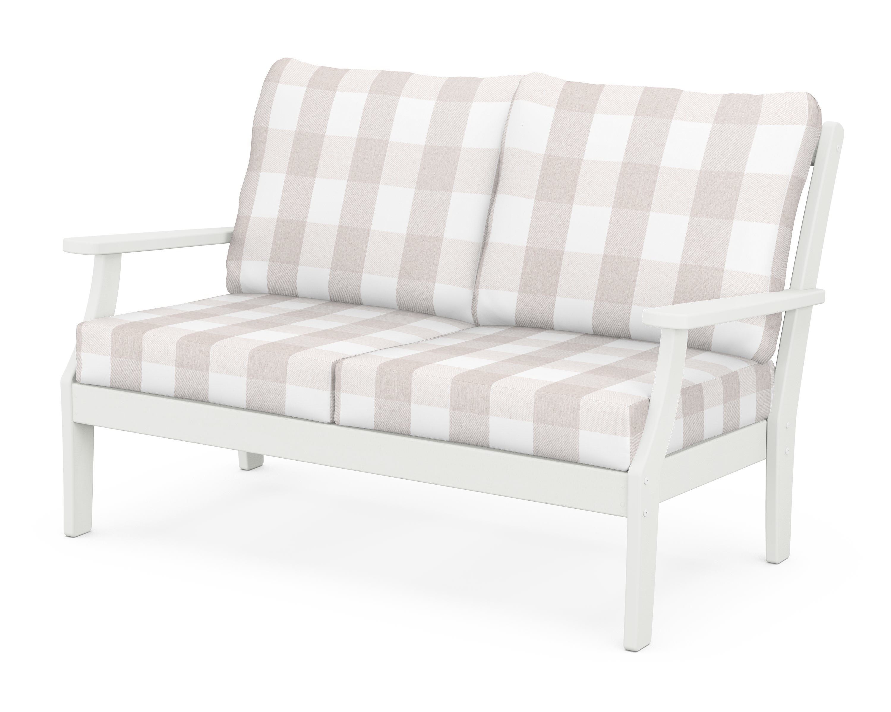 POLYWOOD® Braxton Deep Seating Loveseat in Vintage White / Buffalo Plaid Dune Burlap