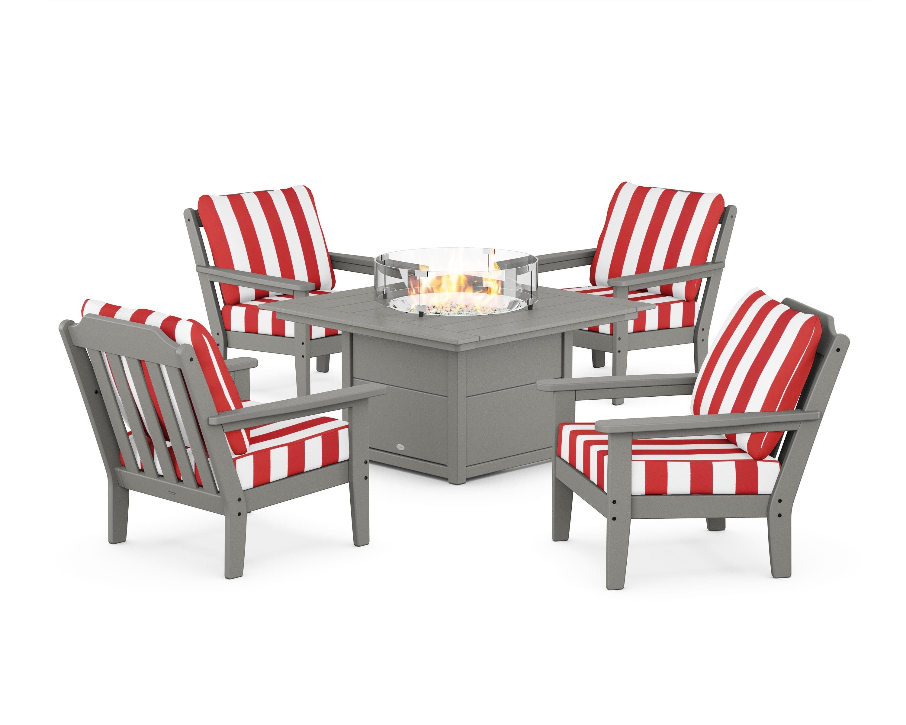 Country Living Cottage 5-Piece Deep Seating Set with Fire Pit Table in Slate Grey / Cabana Stripe Crimson