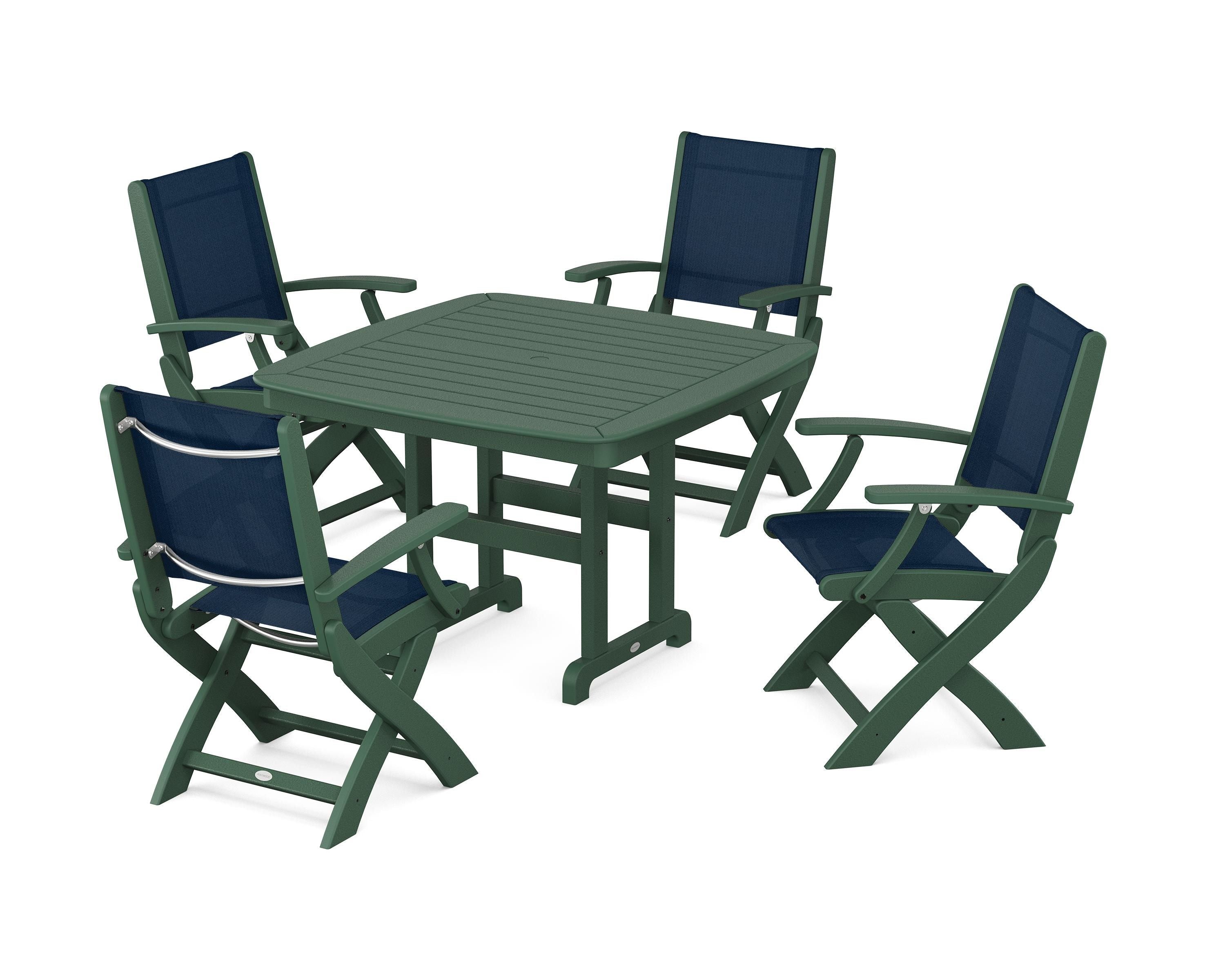 POLYWOOD® Coastal Folding Chair 5-Piece Dining Set in Green / Navy Blue Sling